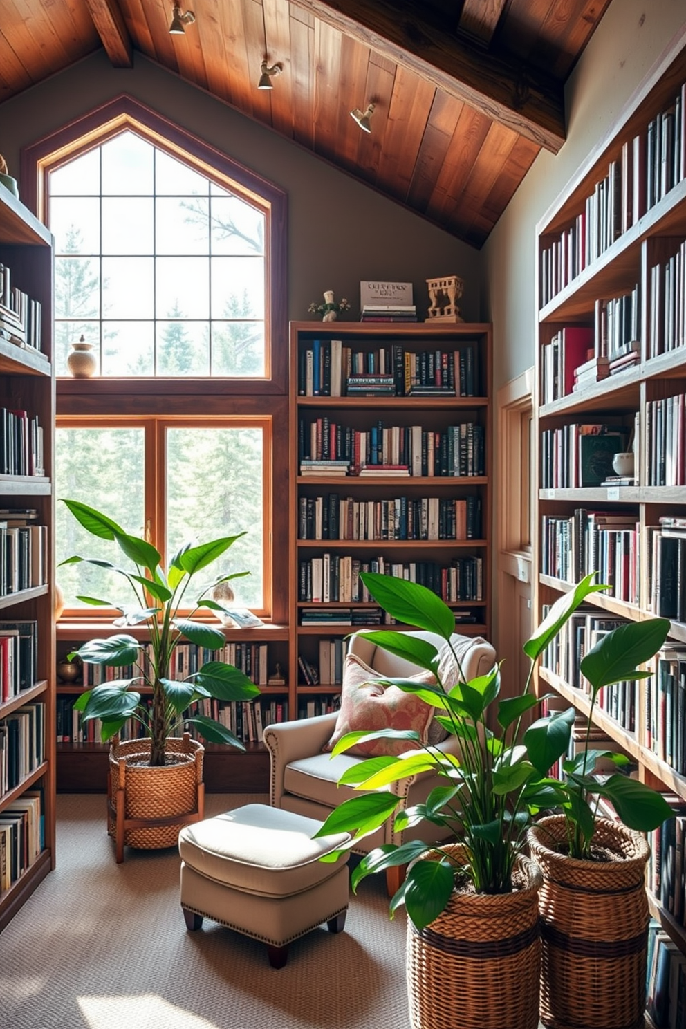 Cozy bean bags are arranged in a warm and inviting corner of the mountain home library. The walls are lined with wooden bookshelves filled with a diverse collection of books, and large windows allow natural light to flood the space.