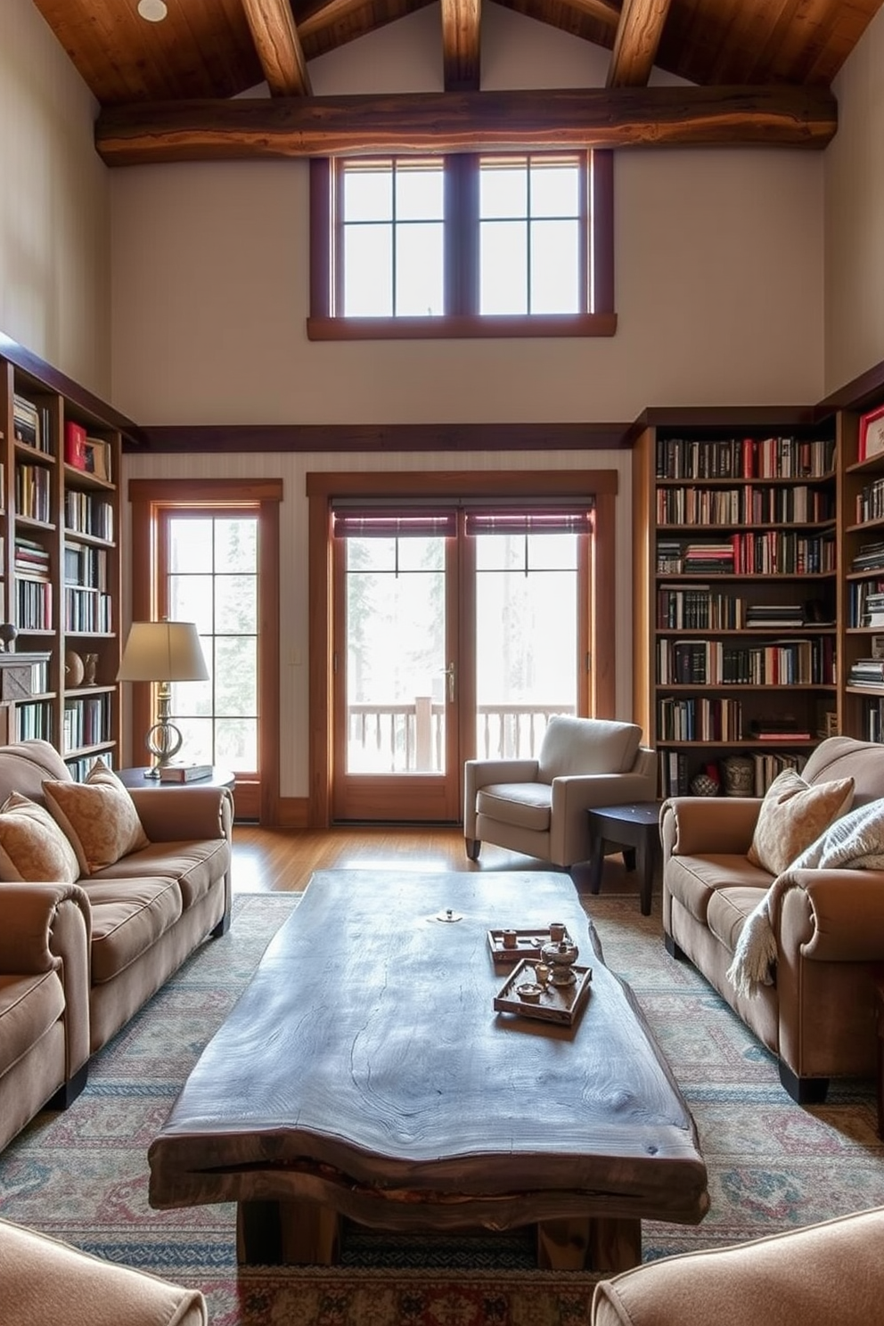 A rustic coffee table made of reclaimed wood sits at the center of a cozy living room. Surrounding the table are plush, oversized armchairs upholstered in warm, earthy tones. The mountain home library features floor-to-ceiling bookshelves filled with an eclectic mix of books and decorative items. A large window allows natural light to flood the space, highlighting a comfortable reading nook with a soft armchair and a handmade throw blanket.