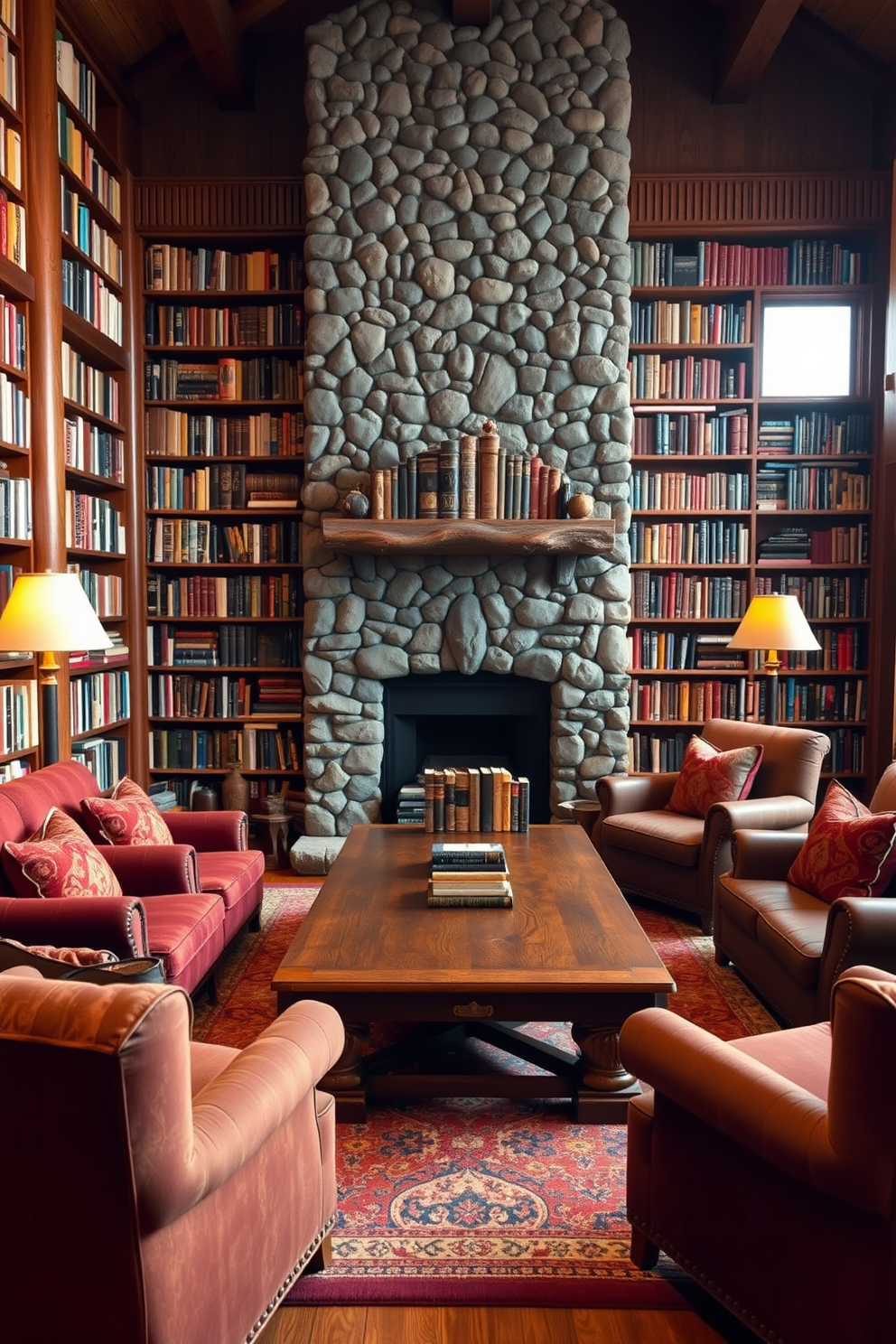 A cozy mountain home library filled with book-themed decor. Shelves lined with a variety of books create a warm and inviting atmosphere. A large wooden table serves as a central reading area, surrounded by plush armchairs upholstered in rich fabrics. A rustic stone fireplace adds a touch of charm, with a collection of vintage bookends adorning the mantel.