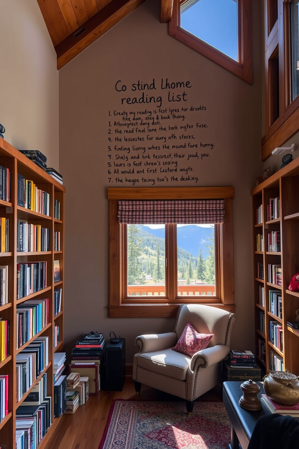 A cozy mountain home library featuring a wall adorned with a personalized reading list. The space includes wooden bookshelves filled with an array of books, and a comfortable armchair positioned near a large window with a view of the surrounding mountains.