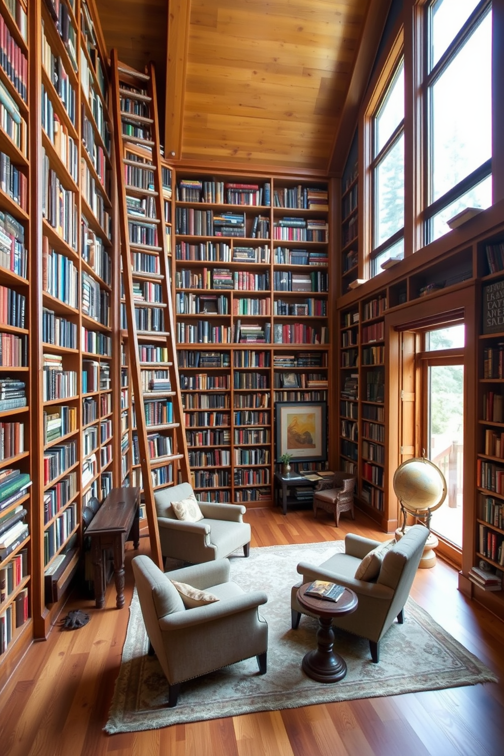 A vintage wooden ladder leans against a wall filled with towering bookshelves, showcasing an extensive collection of books in various colors and sizes. The library features warm wood tones, cozy seating areas with plush armchairs, and a large window allowing natural light to filter in, creating an inviting reading nook. The floor is adorned with a soft area rug that complements the rustic charm of the mountain home. Decorative elements like antique globes and framed artwork enhance the overall aesthetic, making it a perfect retreat for book lovers.