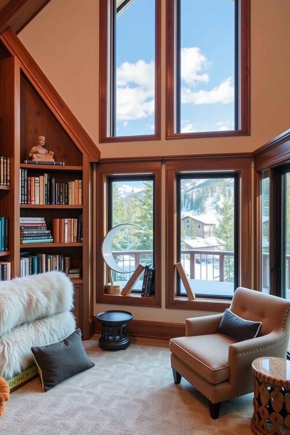 A cozy mountain home library featuring sculptural bookends that add visual interest to the shelves. The room is adorned with warm wood accents, a plush reading chair, and large windows that frame the stunning mountain views outside.