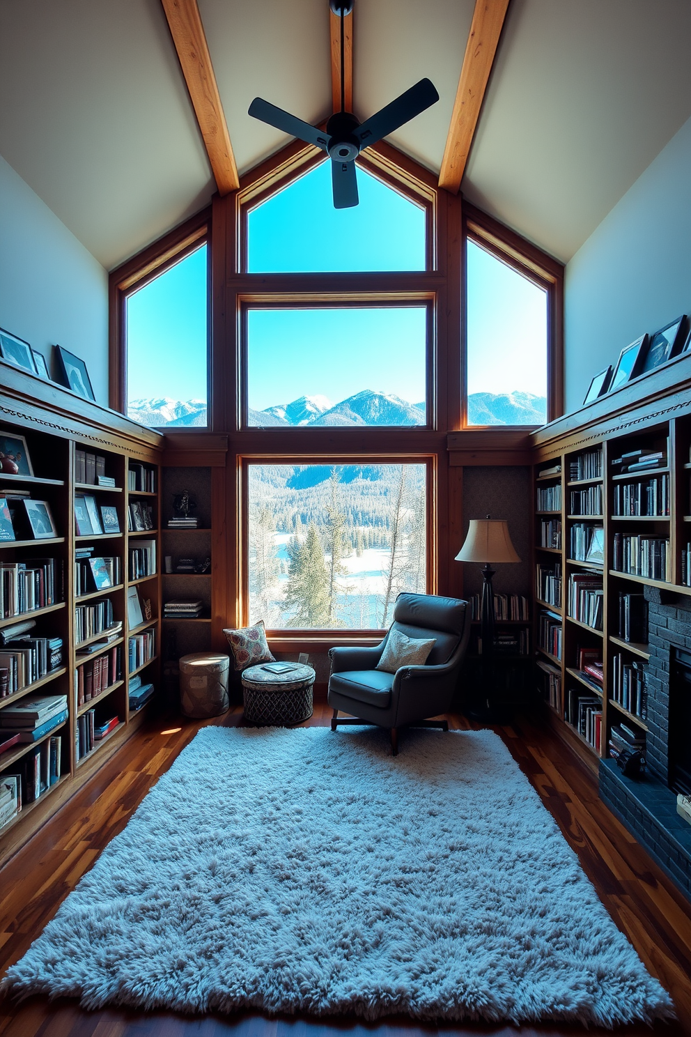 A cozy mountain home library filled with warmth and charm. The walls are lined with wooden bookshelves showcasing a mix of family photos and curated book displays. A large window allows natural light to flood the space, offering a stunning view of the surrounding mountains. A plush area rug sits beneath a comfortable reading chair, inviting relaxation and enjoyment of the serene atmosphere.