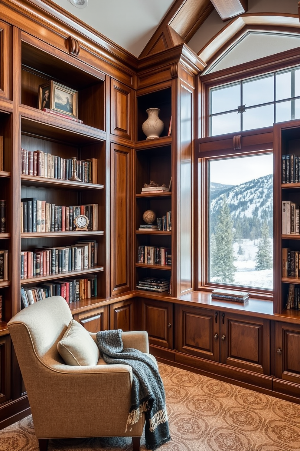 Custom cabinetry for unique storage solutions. The library features floor-to-ceiling wooden shelves with intricate detailing, providing ample space for books and decorative items. Mountain Home Library Design Ideas. The room is adorned with large windows that offer stunning views of the surrounding mountains, complemented by a cozy reading nook with a plush armchair and a warm throw blanket.