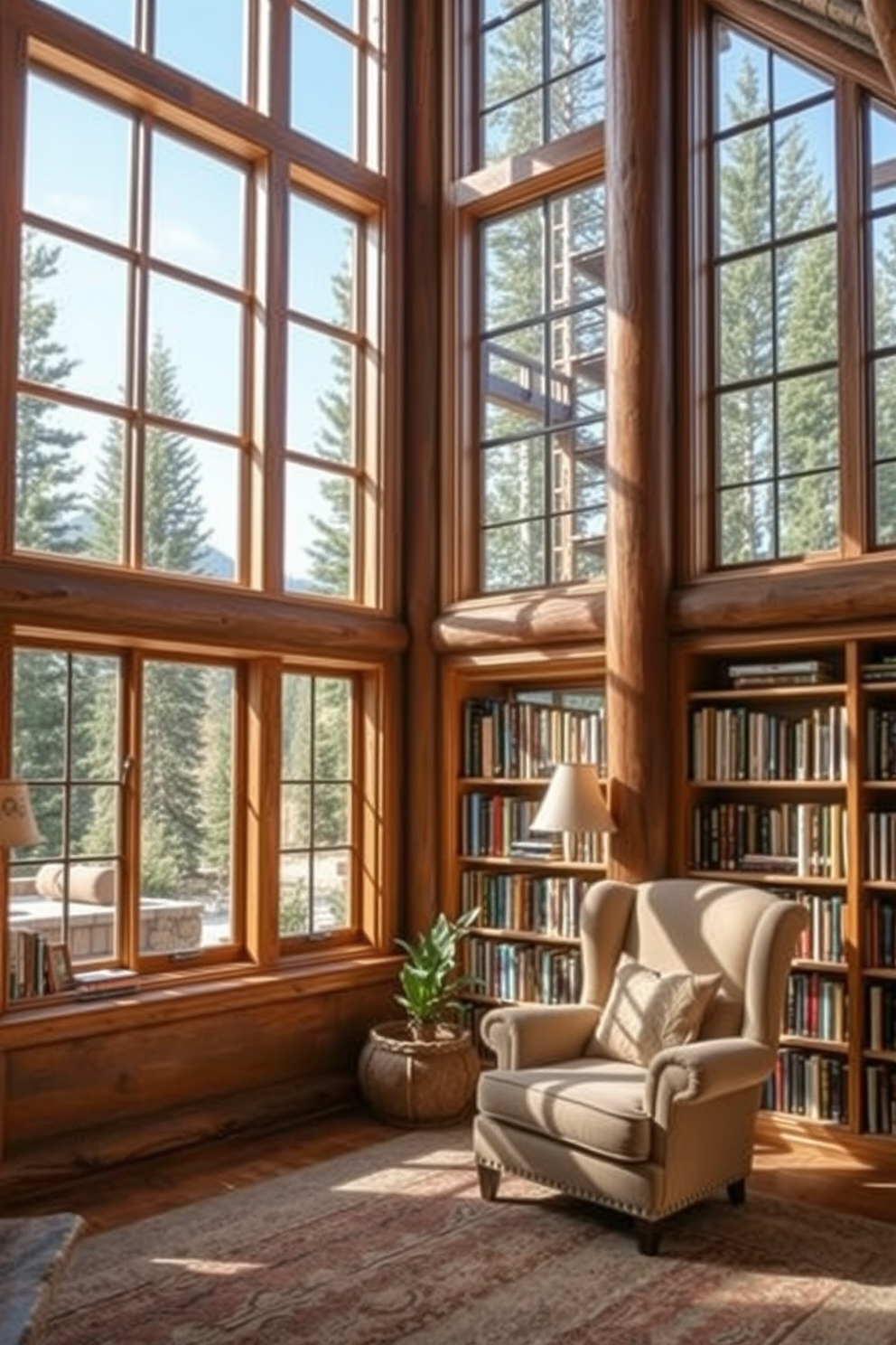 A cozy mountain home library features large windows that flood the space with natural light. The room is adorned with wooden bookshelves filled with an array of books, and a comfortable reading nook is positioned near the windows, inviting relaxation.