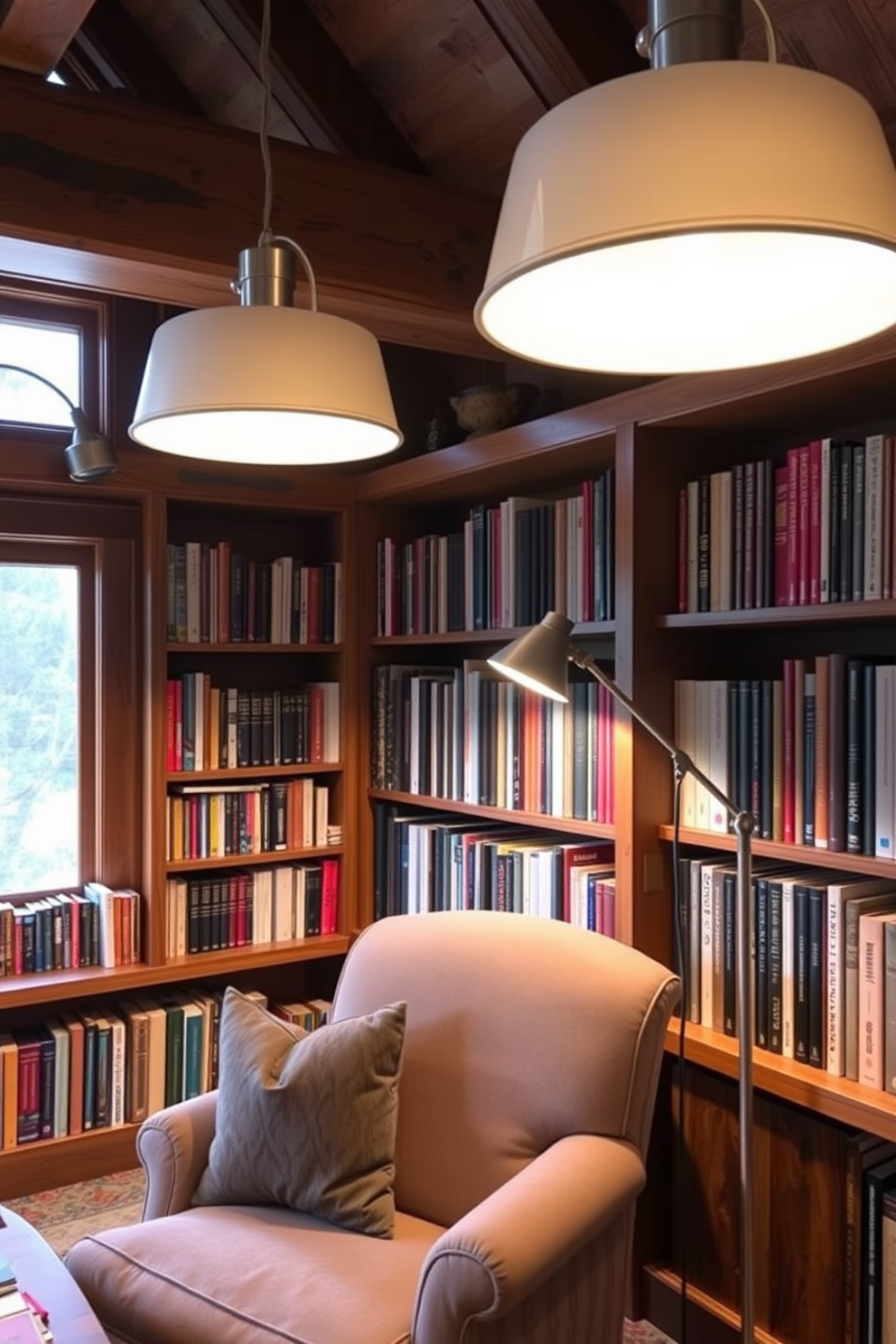 A cozy mountain home library featuring reading lamps with adjustable brightness. The space is adorned with wooden bookshelves filled with various books, and a plush armchair invites relaxation.