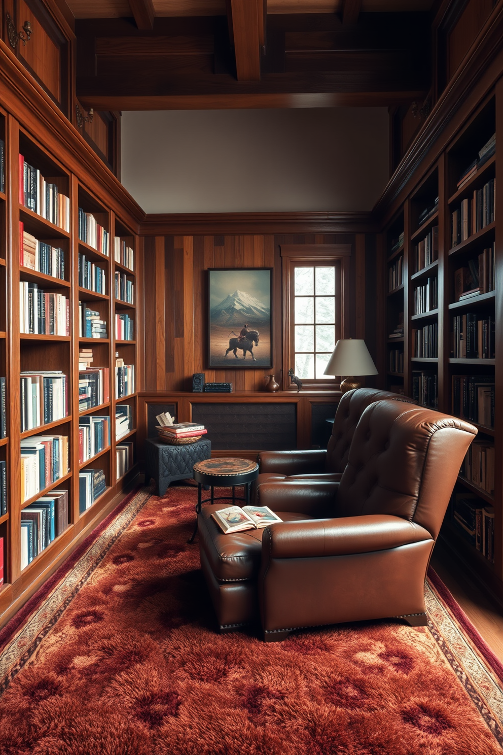 Soft armchairs with warm blankets create a cozy and inviting atmosphere in a mountain home library. The room features large windows that allow natural light to flood in, showcasing the stunning views of the surrounding forest.