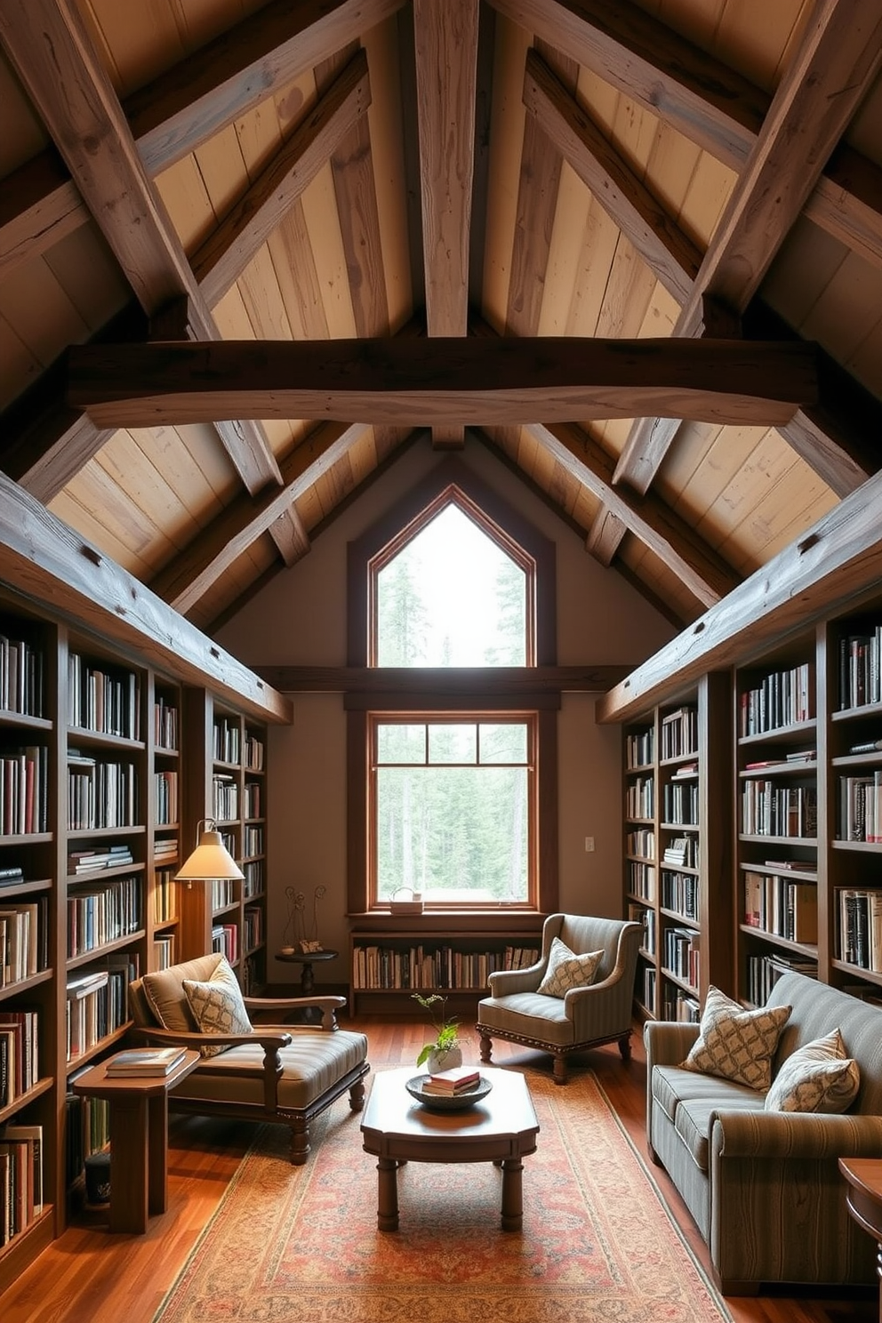 A cozy mountain home library featuring reclaimed wood beams that create a warm and inviting atmosphere. The walls are lined with custom bookshelves filled with a curated collection of books, and a large window offers a view of the surrounding forest.