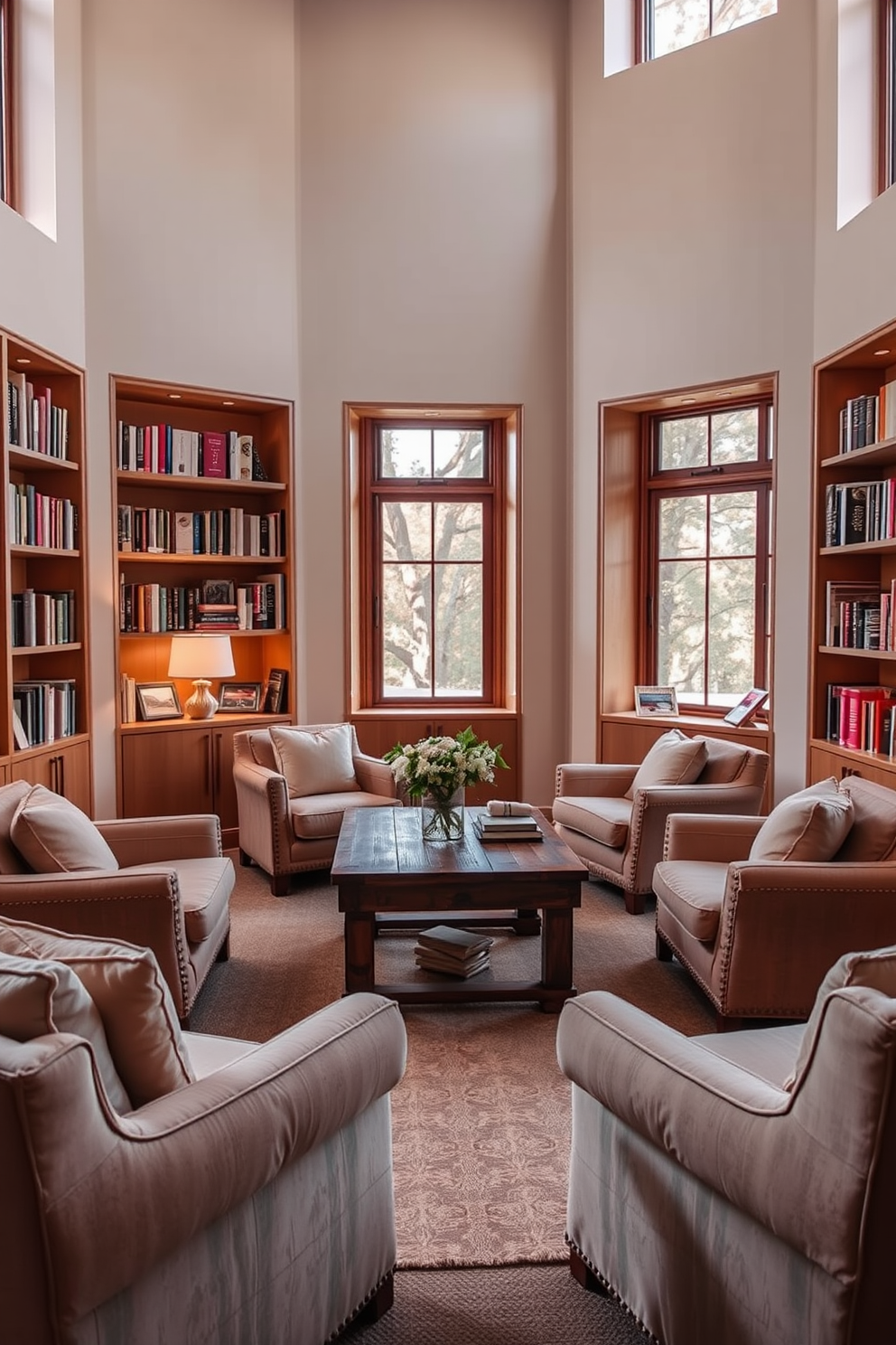 A cozy mountain home library featuring reclaimed wood accents throughout the space. The walls are lined with built-in bookshelves made from weathered wood, showcasing a collection of books and decorative items. A large, inviting leather armchair is positioned near a stone fireplace, providing a perfect reading nook. Soft, warm lighting from a vintage-style lamp casts a gentle glow, enhancing the rustic charm of the room.