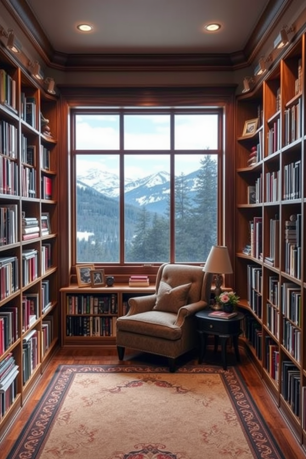 A cozy mountain home library featuring built-in bookshelves that wrap around the room. The shelves are filled with an array of books and decorative items, creating a warm and inviting atmosphere. The library includes a large window that offers stunning views of the surrounding mountains. A comfortable reading nook with a plush armchair and a small side table is positioned near the window for relaxation.