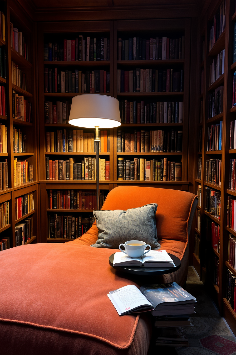 A cozy reading loft nestled in a mountain home features oversized plush cushions scattered across a wooden platform. Large windows frame breathtaking views of the surrounding landscape, allowing natural light to flood the space. The walls are lined with built-in bookshelves filled with an eclectic mix of books and decorative items. A warm area rug anchors the seating area, creating an inviting atmosphere for relaxation and reading.