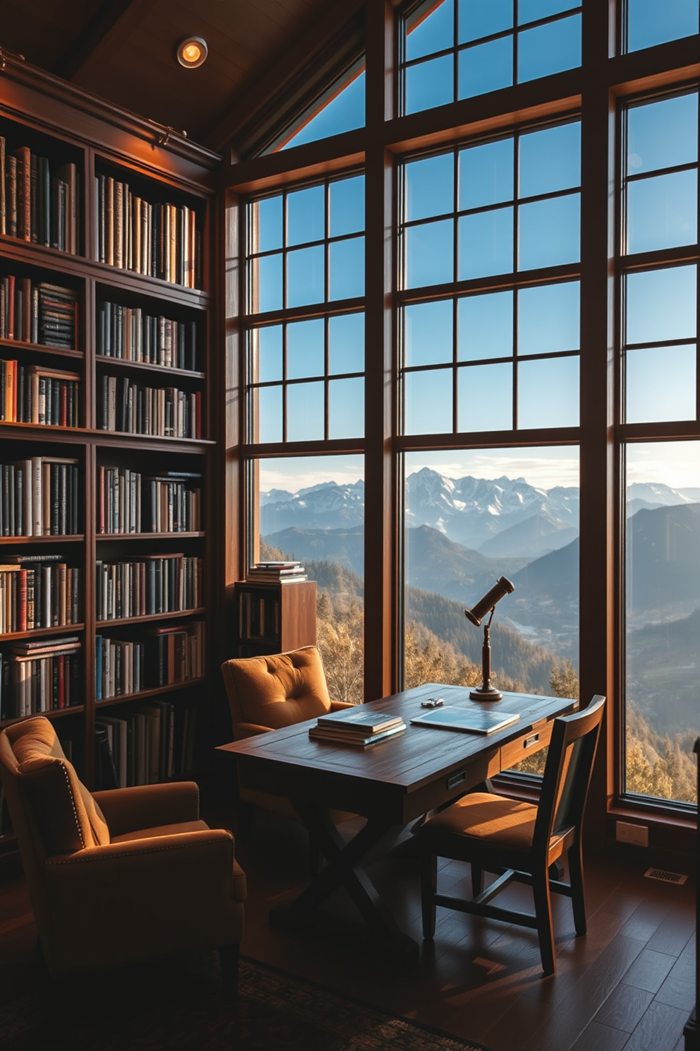 A cozy library with large windows showcasing breathtaking mountain views. The room features rich wooden bookshelves filled with a variety of books and a comfortable reading nook with plush armchairs. Soft, warm lighting illuminates the space, creating a welcoming atmosphere. A rustic wooden desk sits near the window, perfect for enjoying the serene landscape while working or reading.