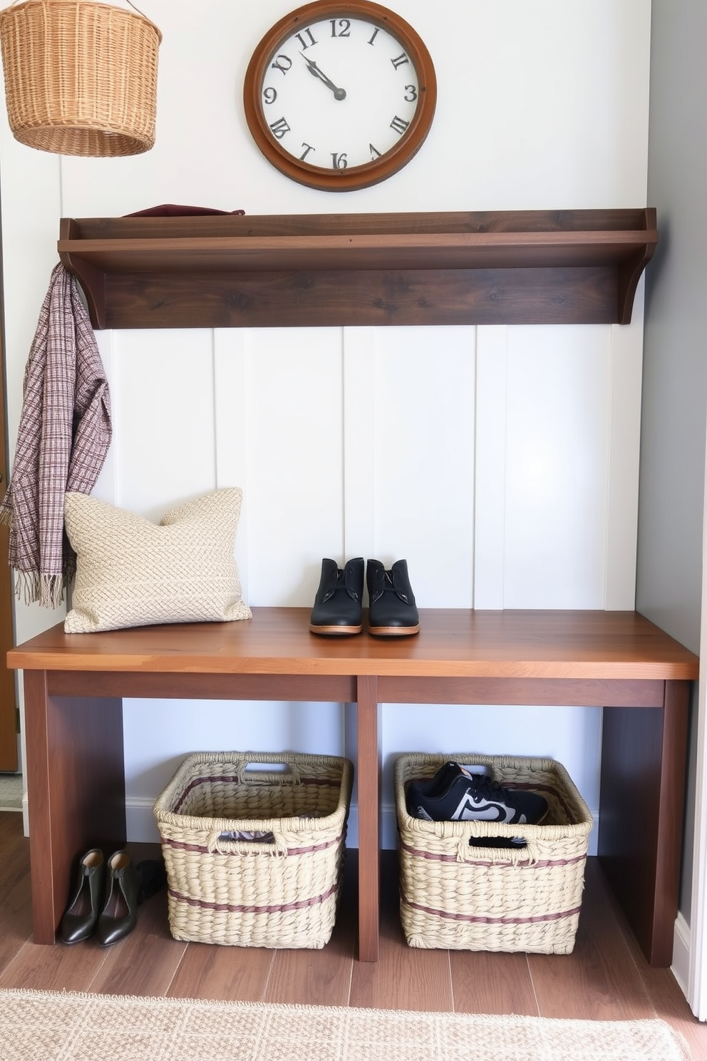 A cozy upholstered bench is placed against the wall in the mudroom, featuring a soft fabric in a neutral tone. Underneath the bench, there is ample storage space for shoes and outdoor gear, ensuring the area remains tidy and functional. The bench is adorned with a few decorative pillows that add a pop of color and comfort. Above the bench, hooks are mounted on the wall for hanging coats and bags, enhancing the overall organization of the mudroom.