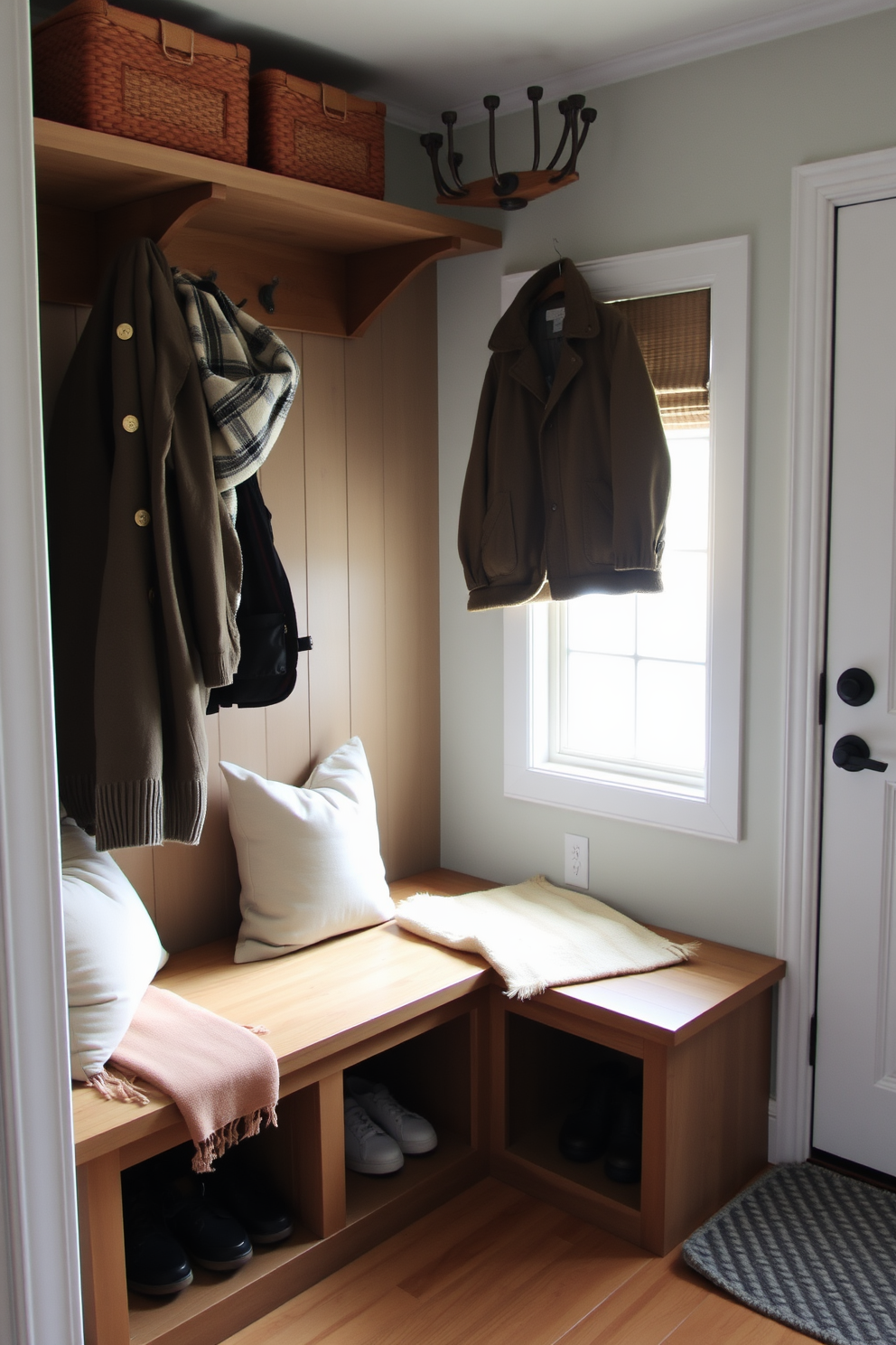 A cozy mudroom features a wooden bench adorned with decorative throw pillows in various textures and colors. The bench is positioned against a wall with hooks for hanging coats and bags, creating an inviting and functional entryway space.