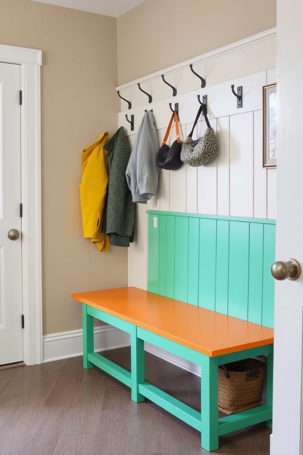 A multi-tiered bench designed for a mudroom features several levels of storage for shoes and bags. The bench is crafted from reclaimed wood, showcasing a rustic finish that complements the surrounding decor.