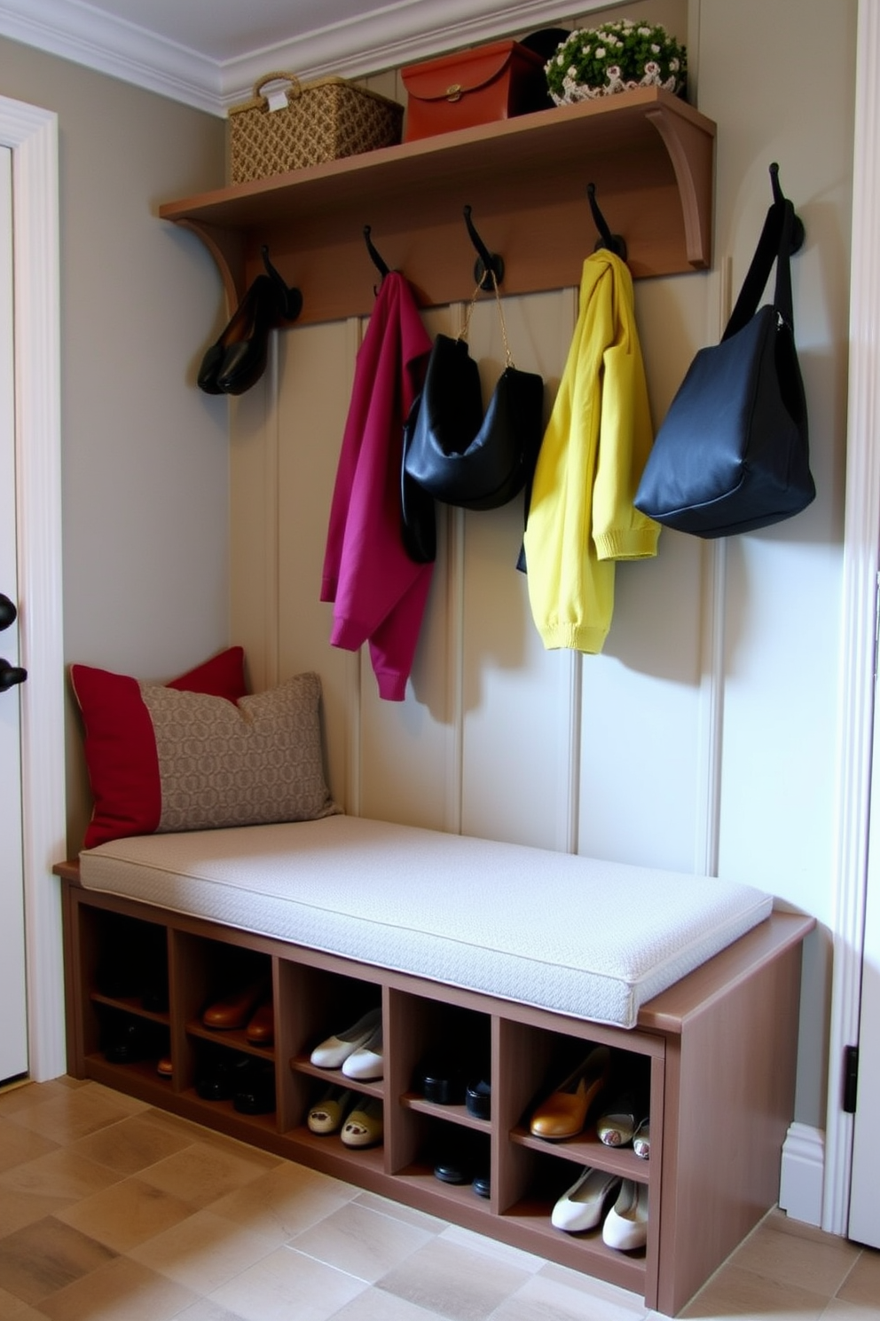 A rustic wooden bench with a weathered finish is positioned against the wall of a cozy mudroom. Above the bench, built-in hooks are mounted for hanging jackets and bags, creating a functional yet charming entryway space.