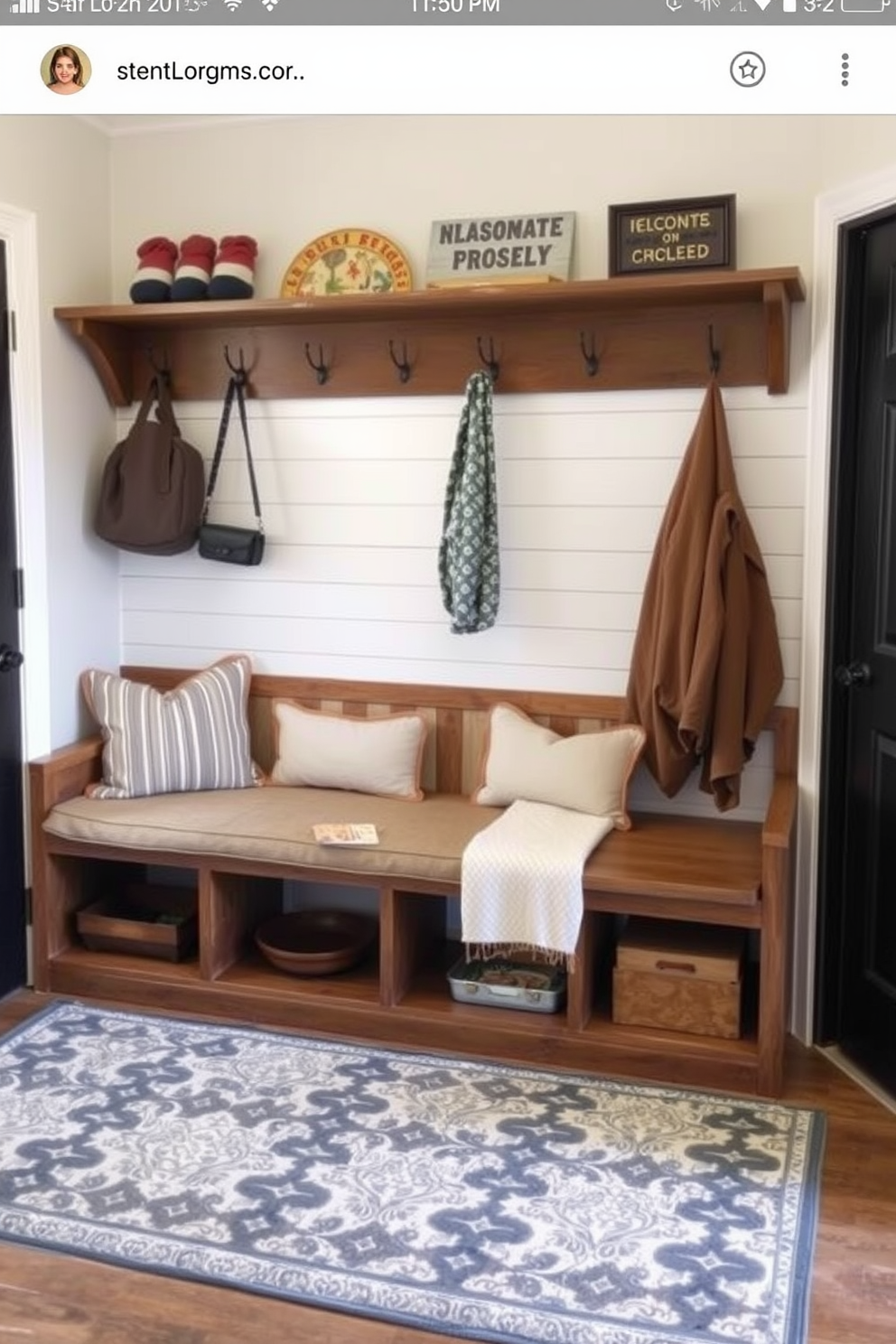 A stylish mudroom features a bench with a built-in pet bed underneath, providing a cozy space for your furry friend. The bench is crafted from reclaimed wood, showcasing a rustic charm, while the pet bed is adorned with soft cushions for added comfort.