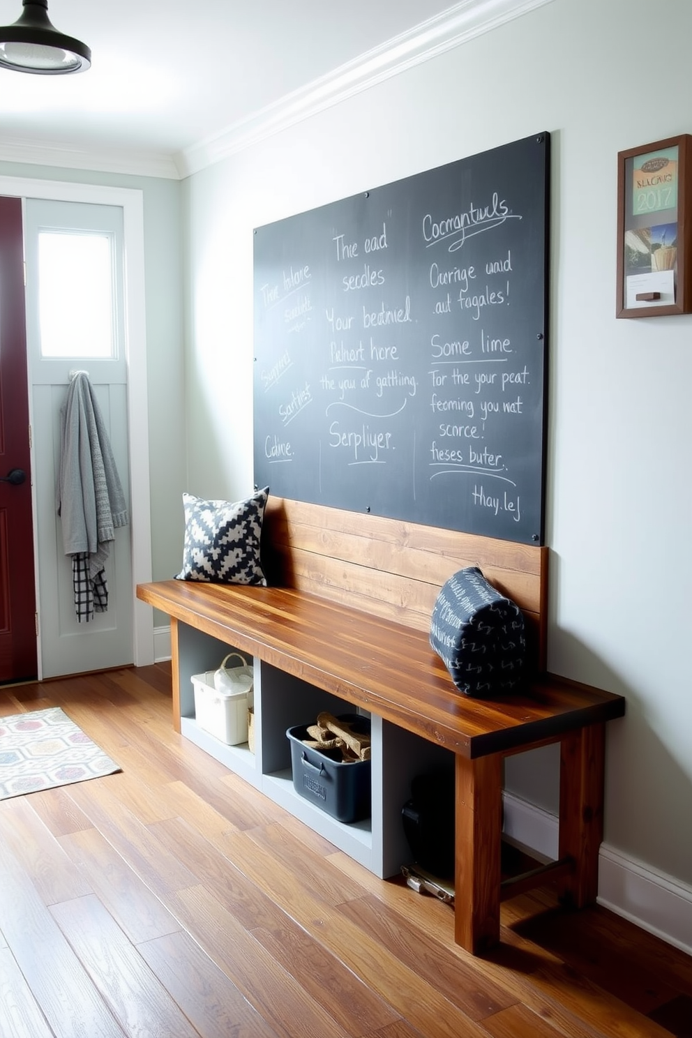 A cozy mudroom features a rustic farmhouse table made of reclaimed wood, surrounded by mismatched chairs that add charm and character. The bench is adorned with soft cushions, and hooks above hold an array of colorful jackets and hats, creating an inviting and functional space.