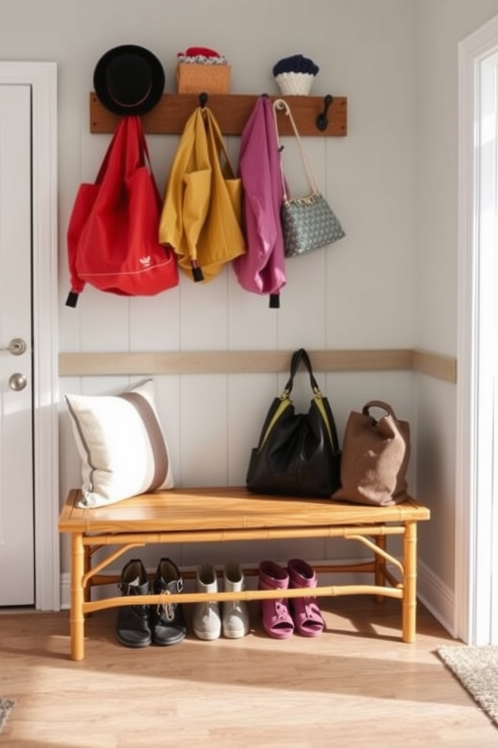 A cozy mudroom features a built-in bench with a soft cushion designed for kids to comfortably sit while putting on their shoes. The bench is surrounded by hooks for hanging backpacks and jackets, and the walls are painted in a cheerful light blue to create an inviting atmosphere.