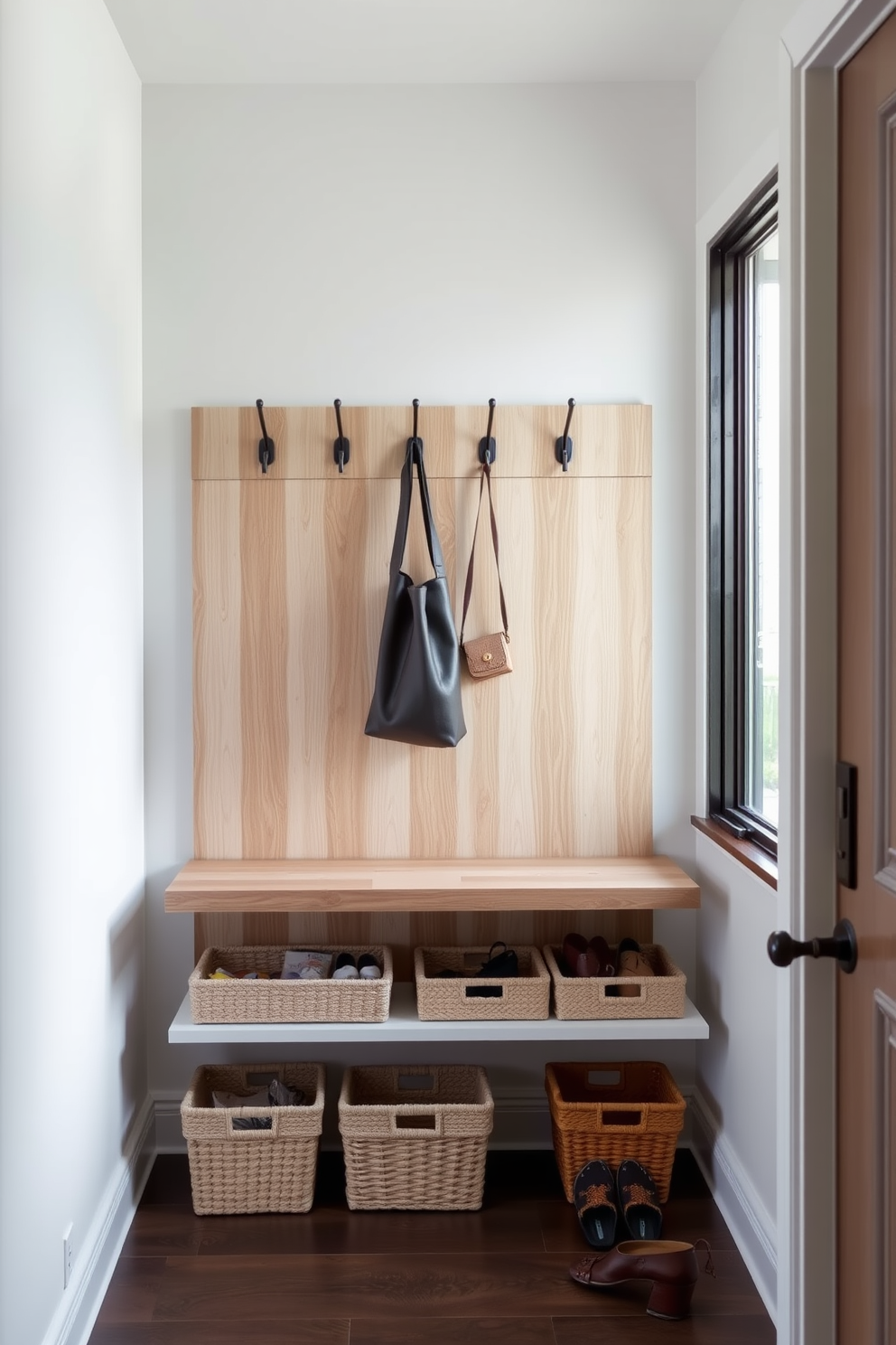 A stylish mudroom features a bench with a decorative basket tucked underneath for added storage. The bench is upholstered in a soft fabric, providing comfort and a touch of elegance to the entryway.