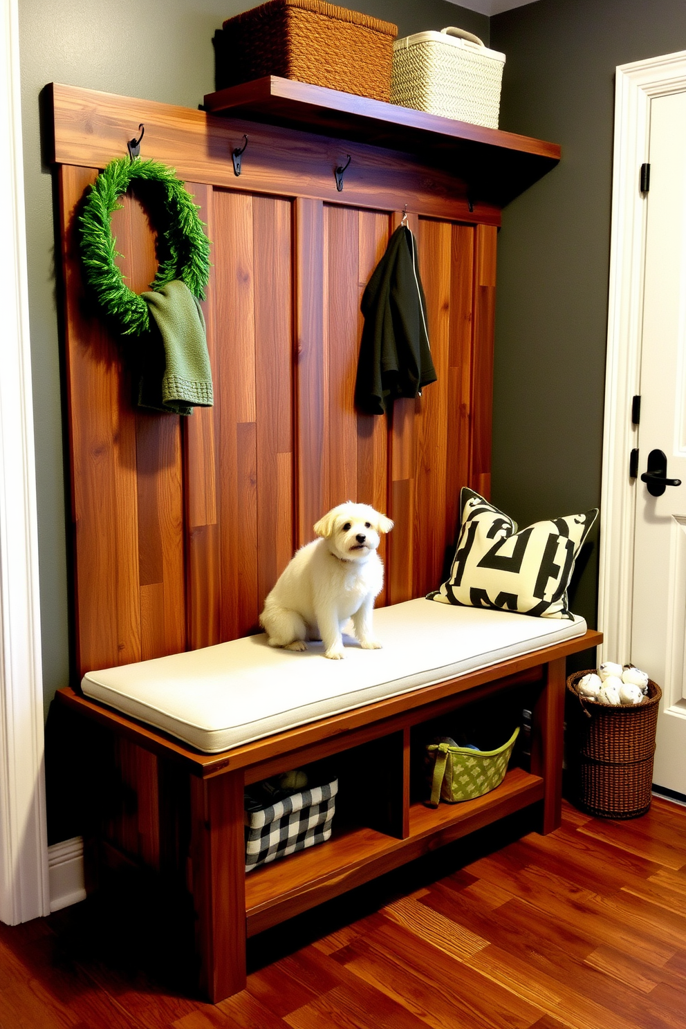 A stylish mudroom bench features a comfortable cushioned seat with elegant upholstery. Below the bench, there is a sleek shoe rack designed to hold an array of footwear while maintaining a tidy appearance.