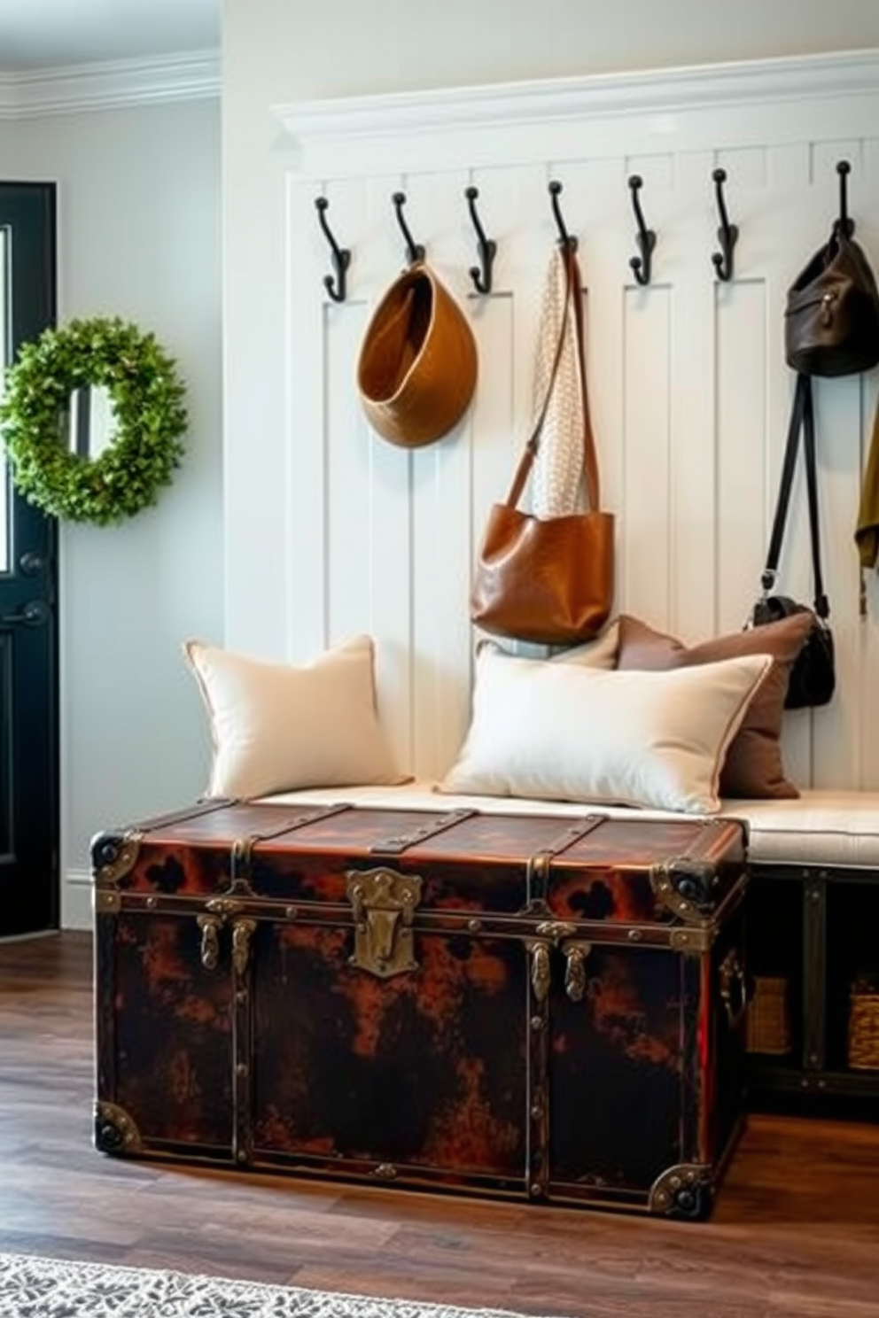 A colorful painted bench with vibrant hues stands proudly in the mudroom, inviting warmth and cheerfulness into the space. The bench is adorned with patterned cushions that add a touch of texture and comfort, making it the perfect spot to sit and remove shoes. The walls of the mudroom are painted in a soft neutral tone, allowing the bench to be the focal point of the room. A row of hooks above the bench provides a practical solution for hanging coats and bags, enhancing the functionality of this stylish entryway.