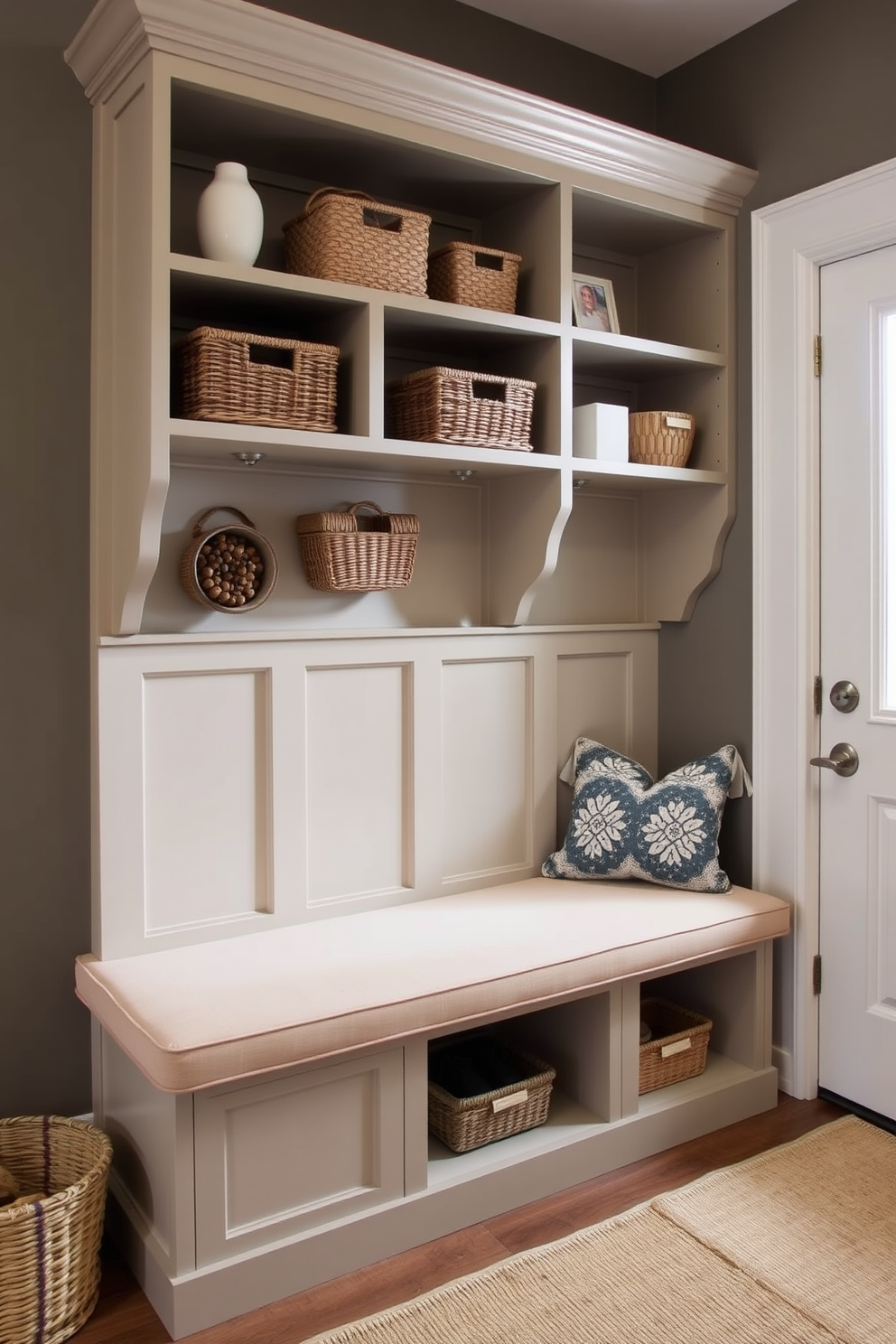 A narrow bench with built-in shoe storage compartments is positioned against the wall in a mudroom. The bench features a sleek design with a natural wood finish and soft cushions for added comfort. Above the bench, there are hooks for hanging coats and bags, creating an organized and functional space. The floor is covered with durable tiles that complement the overall aesthetic, making it easy to clean.