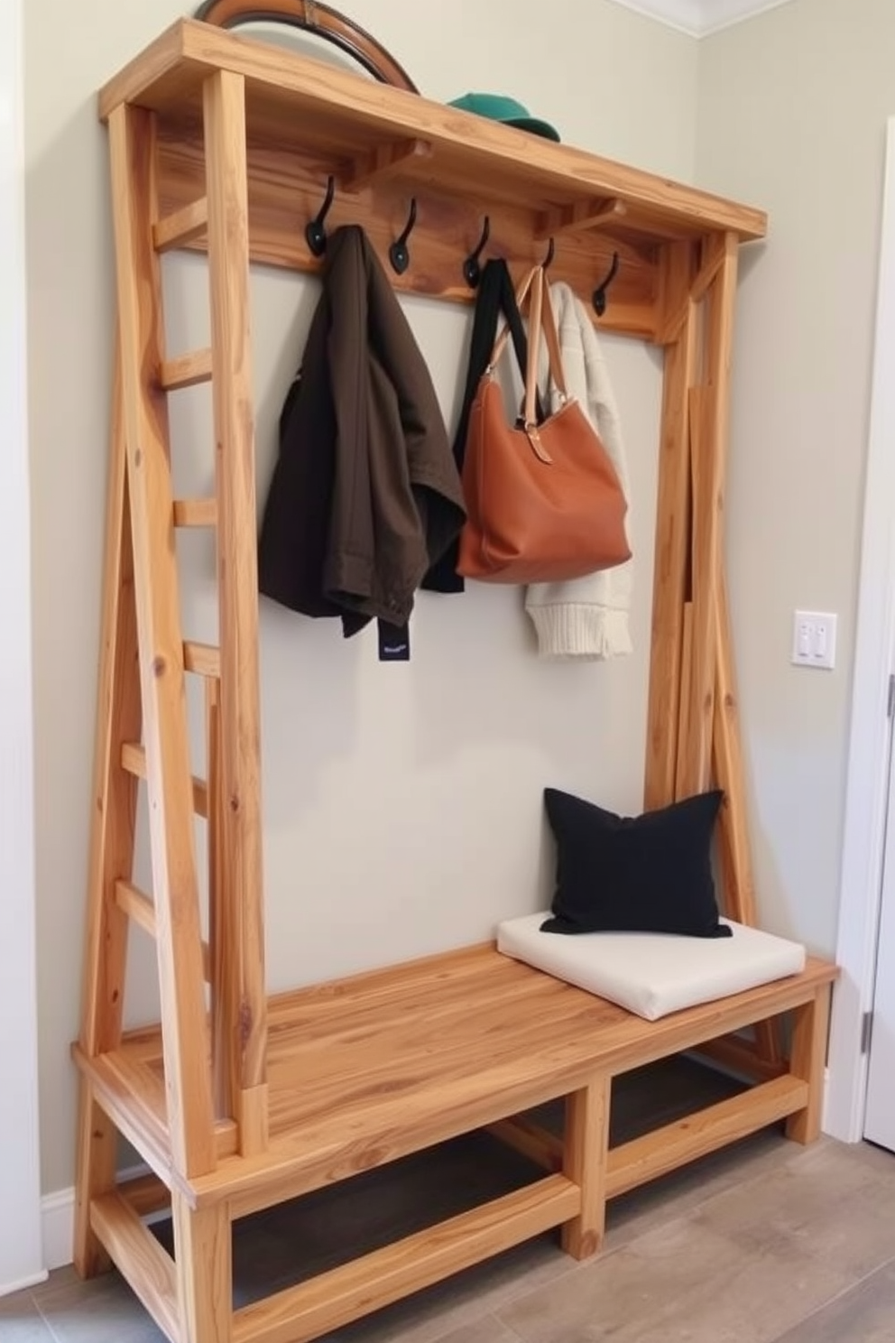 A luxurious leather bench is positioned against the wall in the mudroom, featuring elegant side pockets for convenient storage. The rich texture of the leather complements the warm wood flooring, creating a sophisticated and inviting entryway.