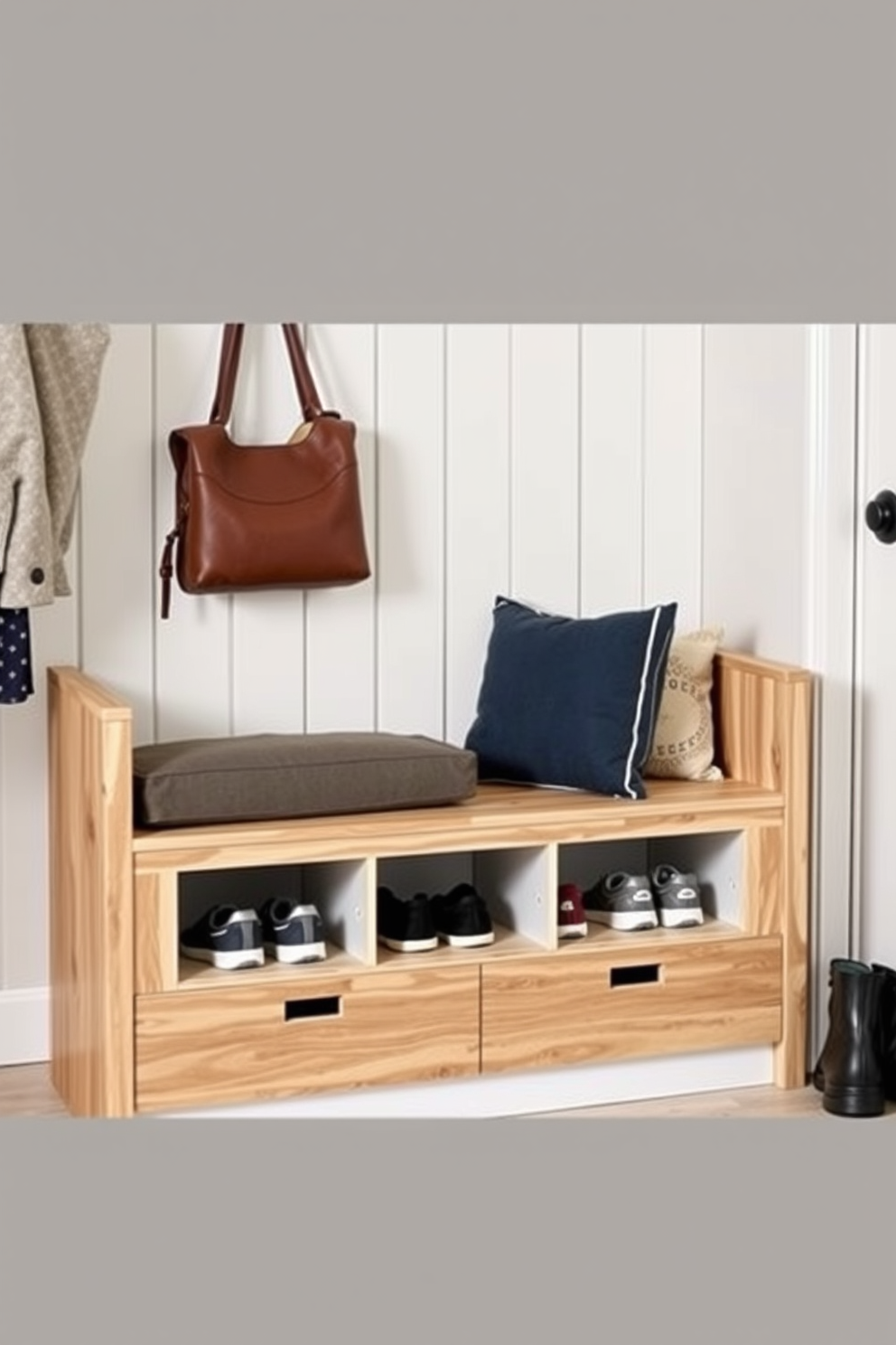 A stylish mudroom featuring a floating bench made of reclaimed wood, providing a warm and inviting atmosphere. Above the bench, wall-mounted shelves display neatly arranged baskets and potted plants, adding both functionality and charm.