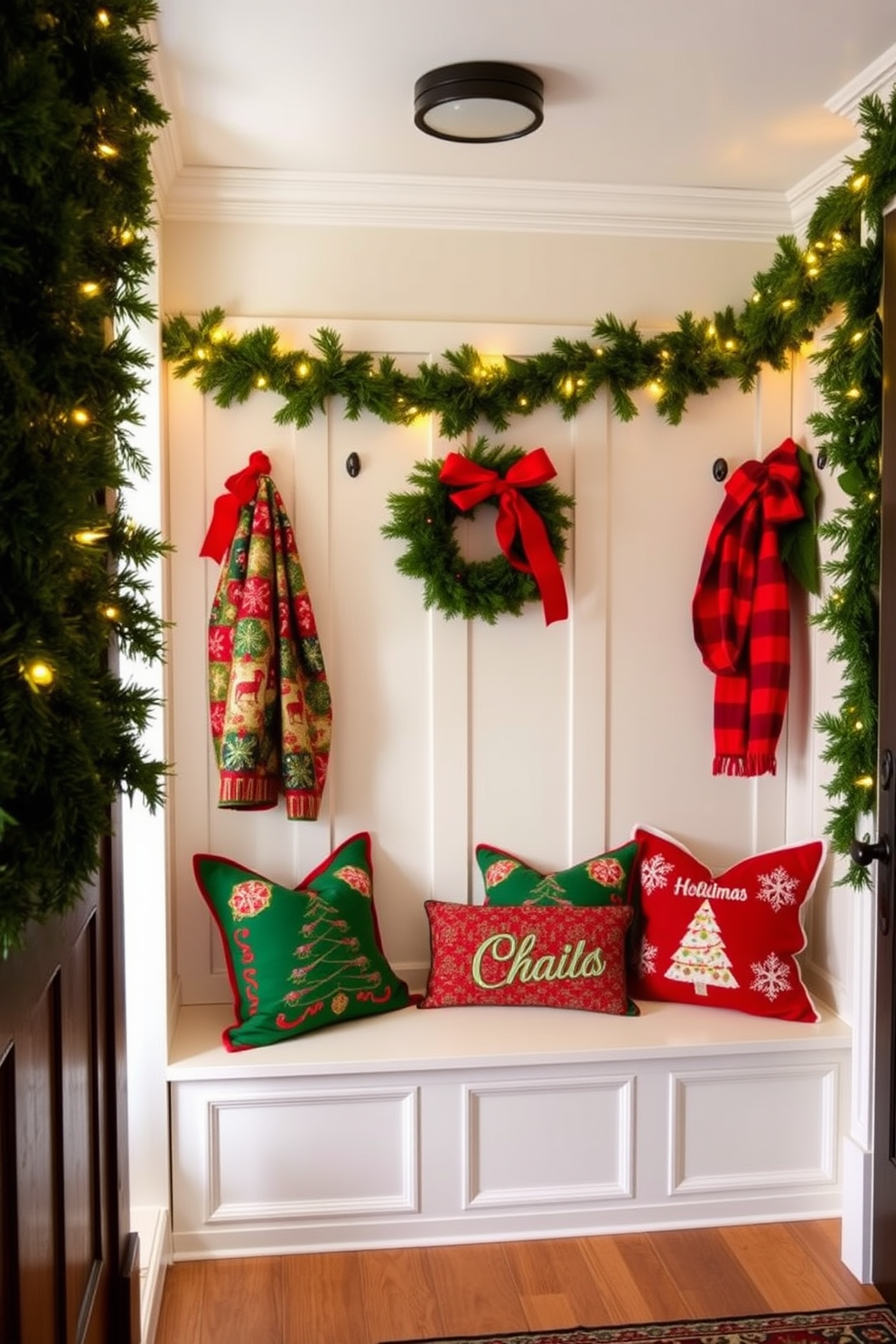 A cozy mudroom adorned with string lights gracefully draped along the ceiling, creating a warm and inviting atmosphere. The walls are painted in a soft cream color, and a rustic bench with plush cushions sits against one side, enhancing the festive charm of the space. Decorative wreaths hang on the doors, and festive garlands are intertwined with the string lights for a cheerful touch. A collection of colorful storage bins is neatly arranged along the wall, adding both functionality and a pop of holiday color to the room.