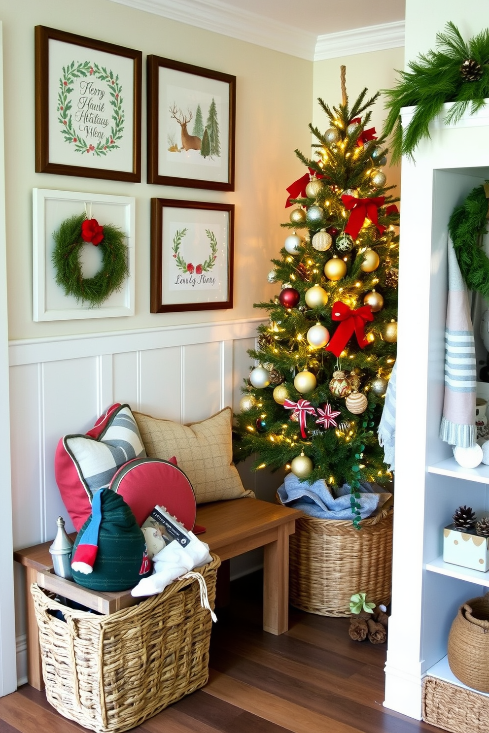 Framed holiday art adorns the walls of a cozy mudroom, creating a festive atmosphere. The space features a rustic bench with colorful throw pillows and a woven basket filled with winter accessories. A beautifully decorated Christmas tree stands in one corner, adorned with twinkling lights and handmade ornaments. Fresh greenery and pinecones are arranged on the shelves, enhancing the seasonal charm of the room.