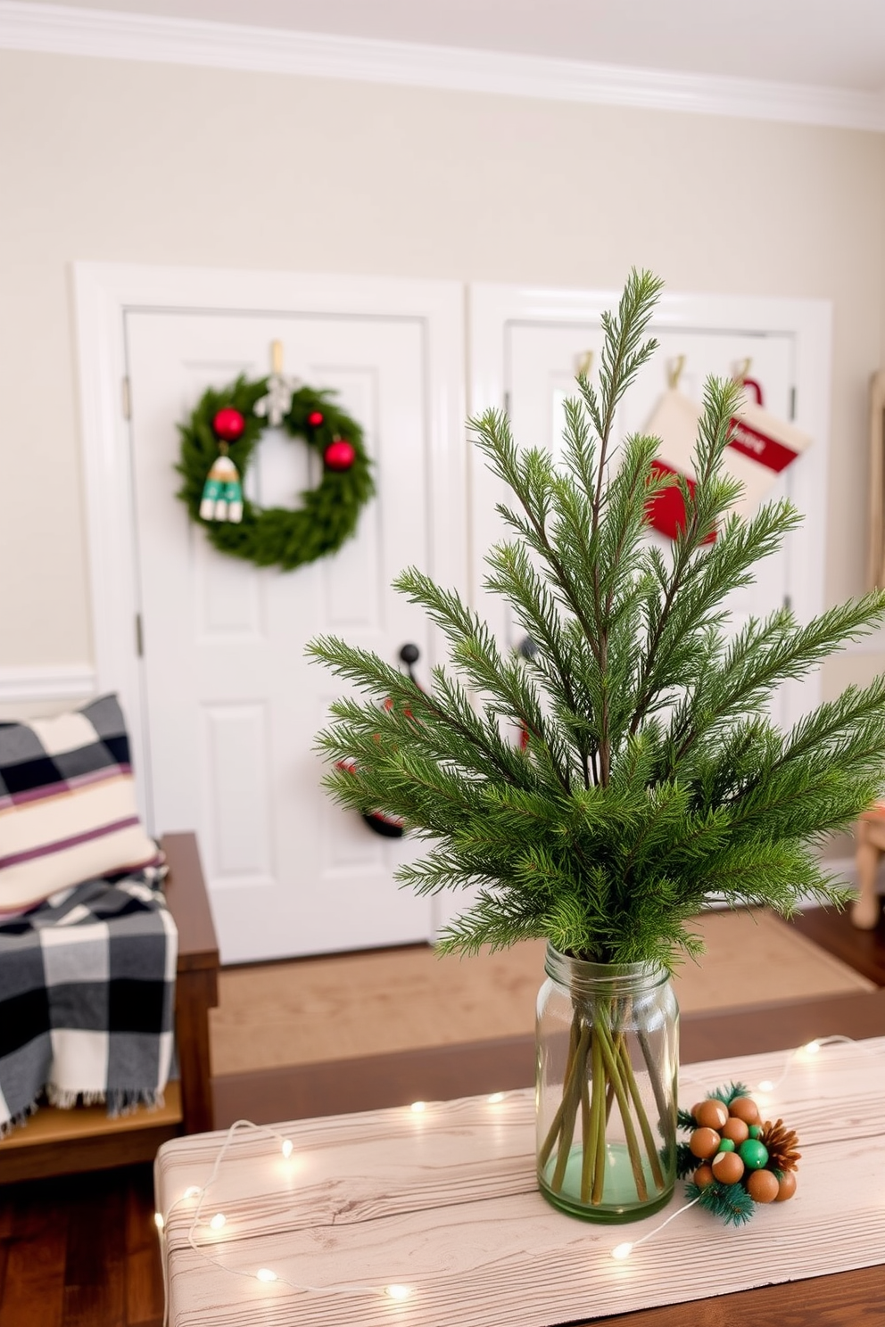 Simple evergreen arrangements in vases create a fresh and inviting atmosphere. The vases are placed on a rustic wooden table, surrounded by soft white lights and seasonal decor. Mudroom Christmas decorating ideas include hanging wreaths on the doors and adding cozy blankets to benches. Stockings filled with festive treats can be hung on hooks, enhancing the holiday spirit.