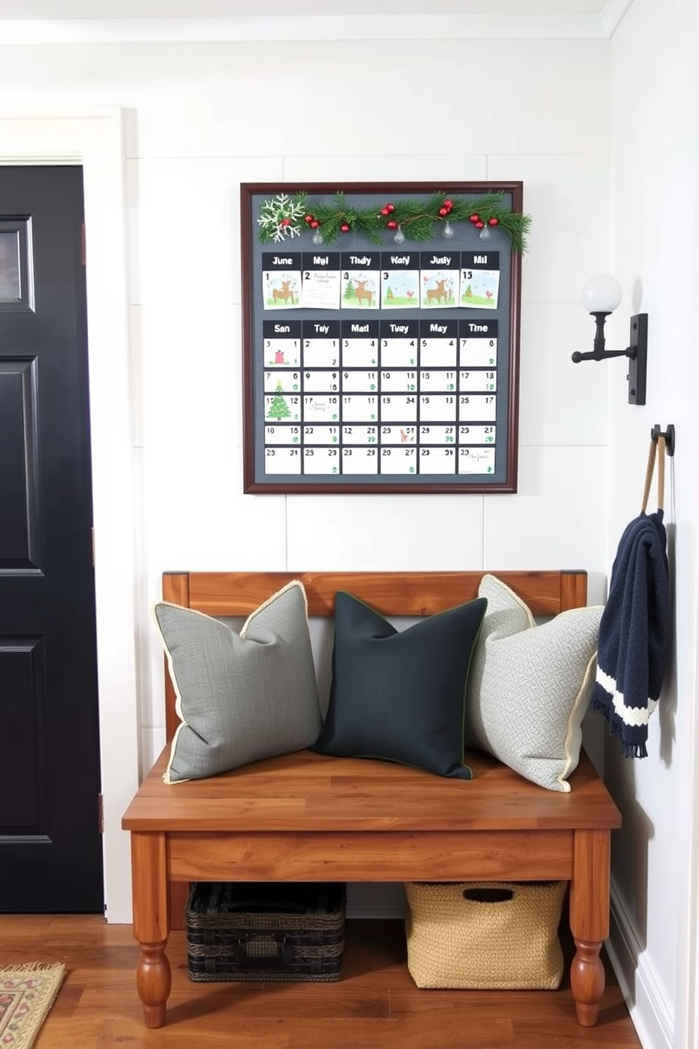 A cozy mudroom decorated for Christmas features colorful ornaments displayed in various glass jars of different sizes. The jars are arranged on a rustic wooden shelf, adding a festive touch to the space with twinkling fairy lights draped around them.