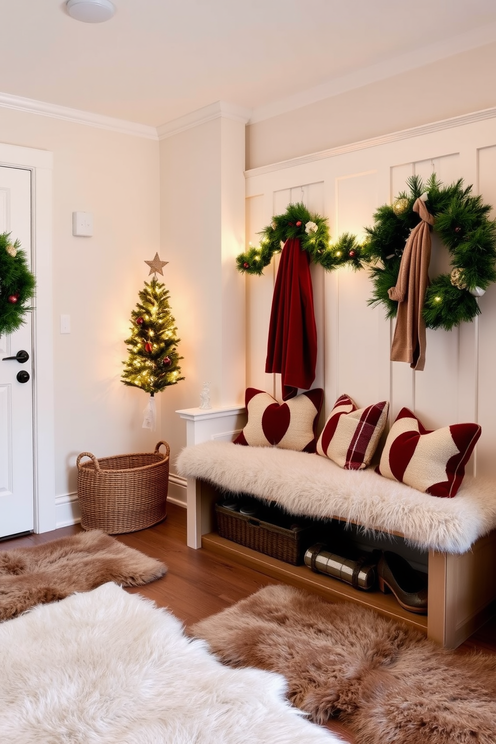 A cozy mudroom adorned with faux fur rugs that add warmth and style. The space features a bench with built-in storage, decorated with festive Christmas accents like garlands and twinkling lights.