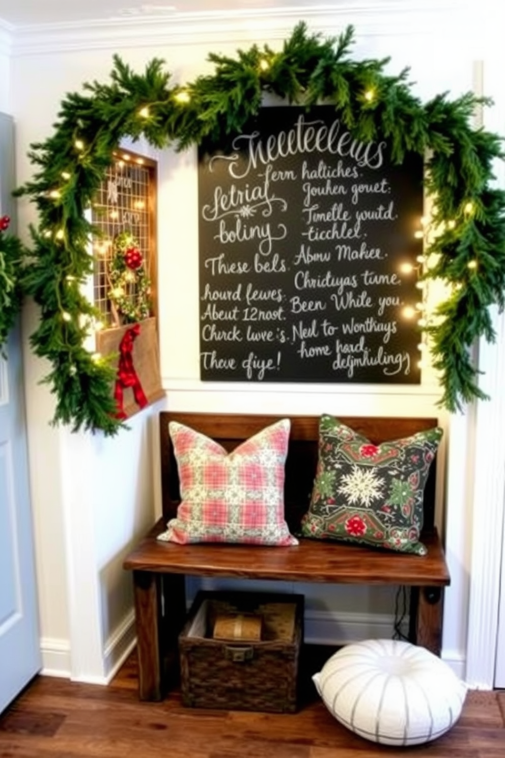 A cozy mudroom decorated for Christmas features a large chalkboard on the wall filled with festive holiday messages. The space is adorned with garlands of greenery, twinkling string lights, and a rustic bench topped with colorful throw pillows.