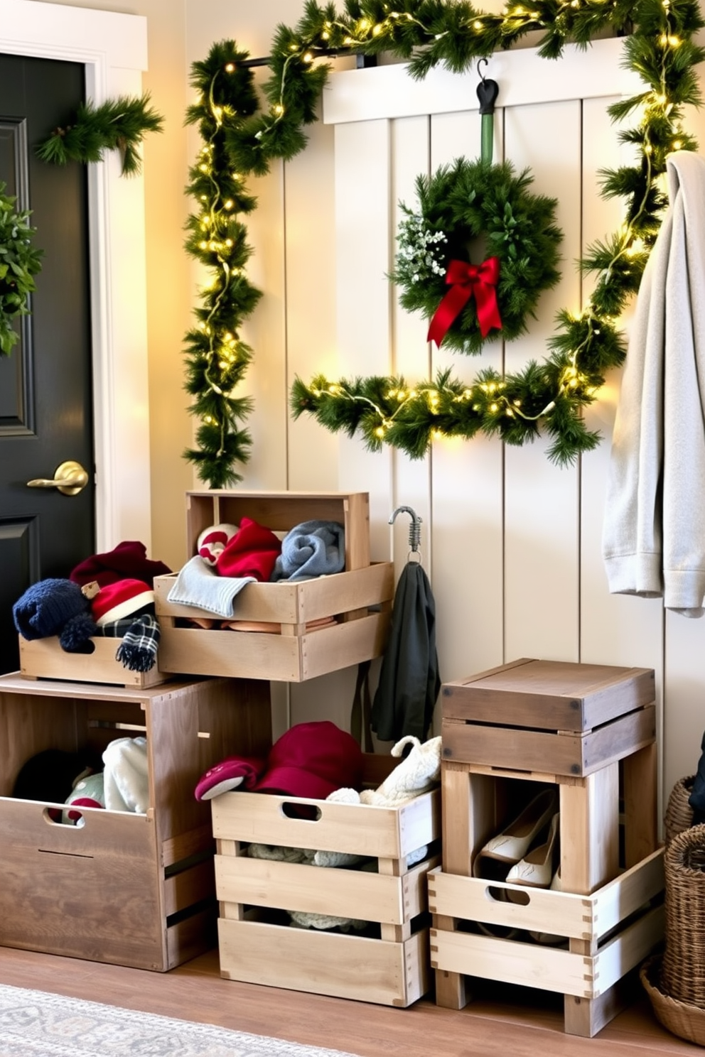 Holiday themed coat hangers for jackets. The hangers are adorned with festive designs featuring snowflakes and reindeer, adding a cheerful touch to the mudroom. The mudroom is decorated with a cozy Christmas theme, showcasing garlands and twinkling lights. A stylish bench is placed against the wall, surrounded by decorative pillows in seasonal colors.