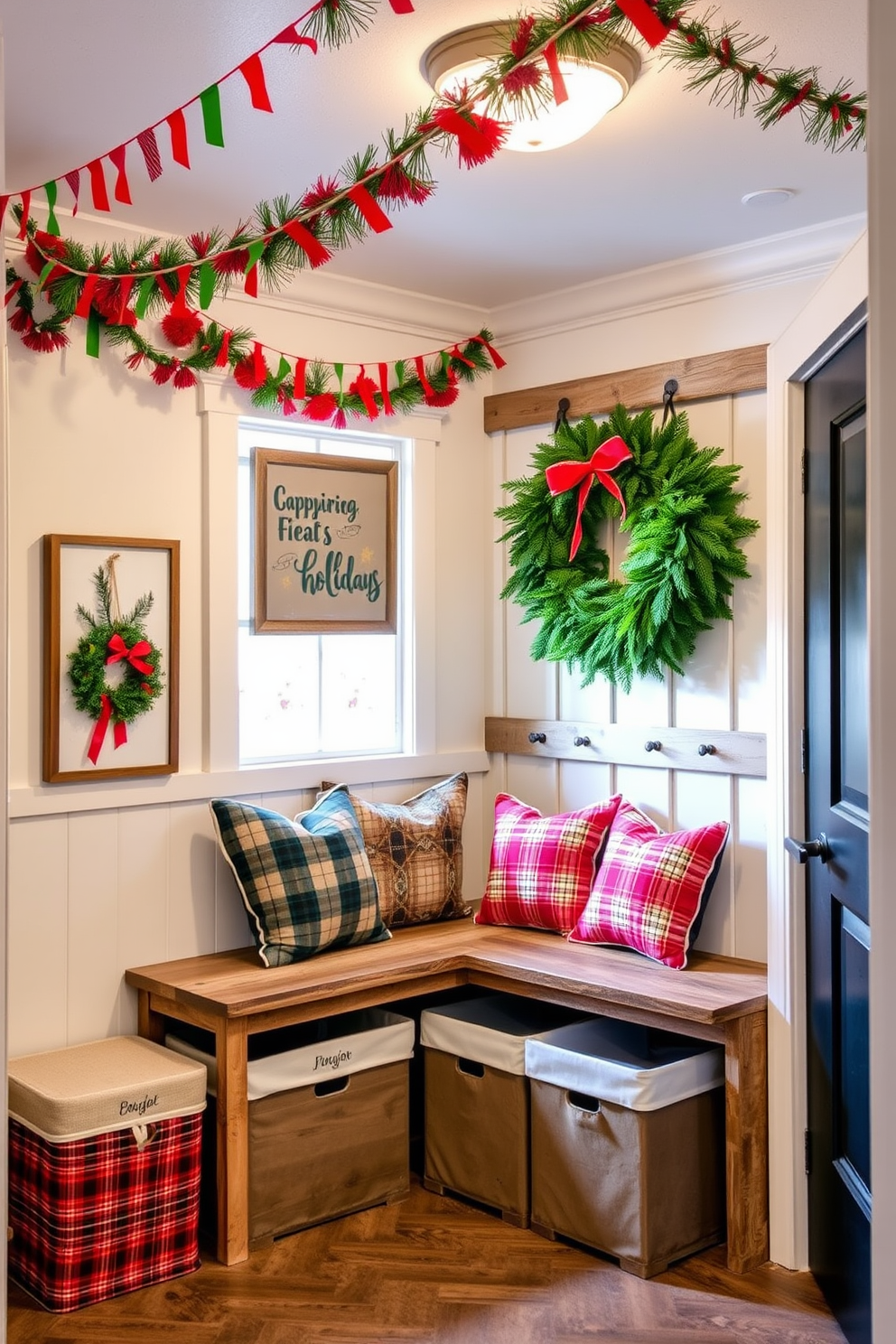 A cozy mudroom adorned for the holidays. Festive banners in vibrant colors are strung across the ceiling, creating a cheerful atmosphere. The walls are decorated with holiday-themed artwork, and a large evergreen wreath hangs prominently on the door. A rustic bench is placed against one wall, topped with plush cushions and surrounded by storage bins wrapped in festive fabric.