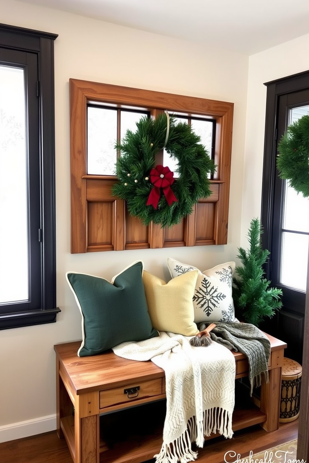 A beautifully decorated ladder stands against the wall, showcasing an array of cozy blankets in various textures and colors. Twinkling fairy lights are wrapped around the ladder, adding a warm and inviting glow to the space. The mudroom is transformed for the holidays with festive decorations, including garlands draped over the hooks and a cheerful wreath on the door. A collection of red and green accents, such as pillows and ornaments, create a cozy and welcoming atmosphere.