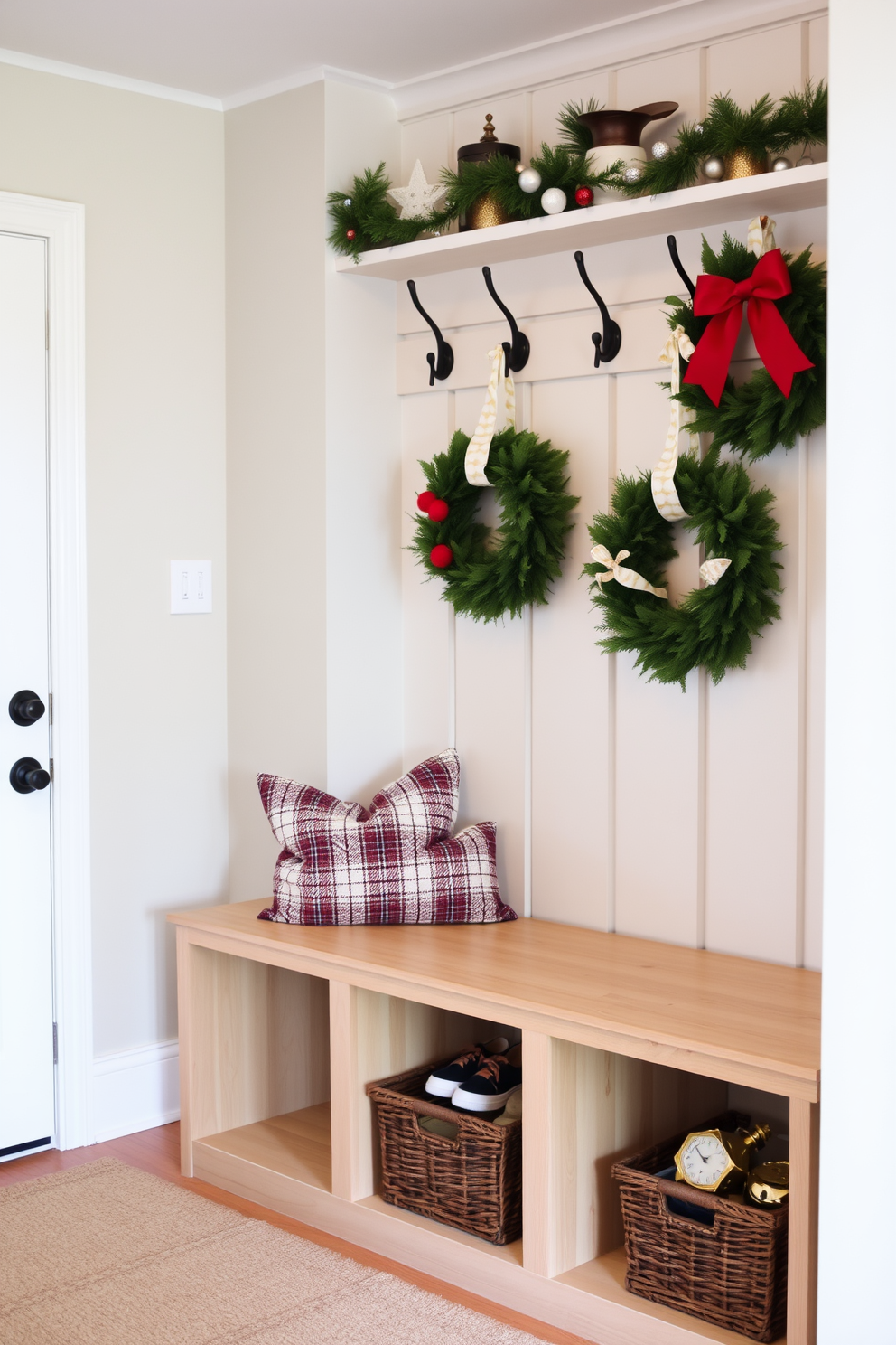 A cozy mudroom adorned with festive wreaths hanging on hooks creates a warm and inviting atmosphere. The walls are painted in a soft neutral tone, complementing the natural wood bench and storage cubbies filled with holiday-themed decor.