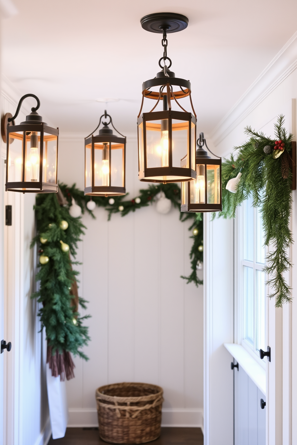 A cozy mudroom adorned with Christmas-themed rugs that feature festive patterns and colors. The space is enhanced with a rustic bench, and hanging stockings filled with holiday treats create a welcoming atmosphere.