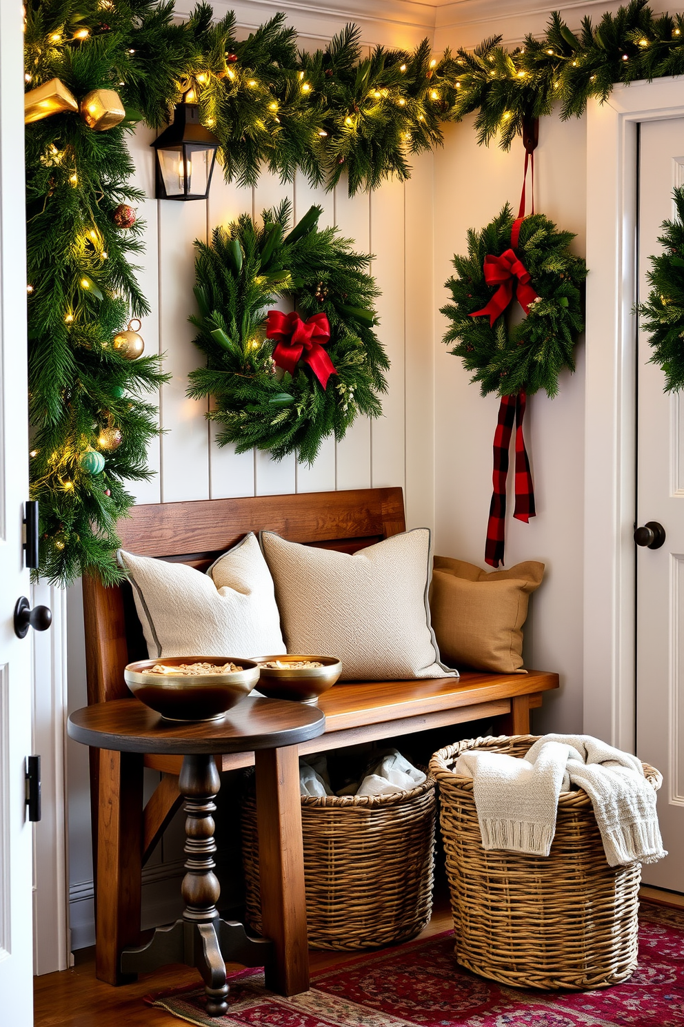 A cozy mudroom adorned for Christmas features a rustic wooden bench with plush cushions. Potpourri bowls filled with seasonal scents like cinnamon and pine are strategically placed on a side table, enhancing the festive atmosphere. The walls are decorated with evergreen garlands and twinkling fairy lights, creating a warm and inviting space. A woven basket holds extra blankets, while a cheerful wreath hangs on the door, welcoming guests with holiday spirit.