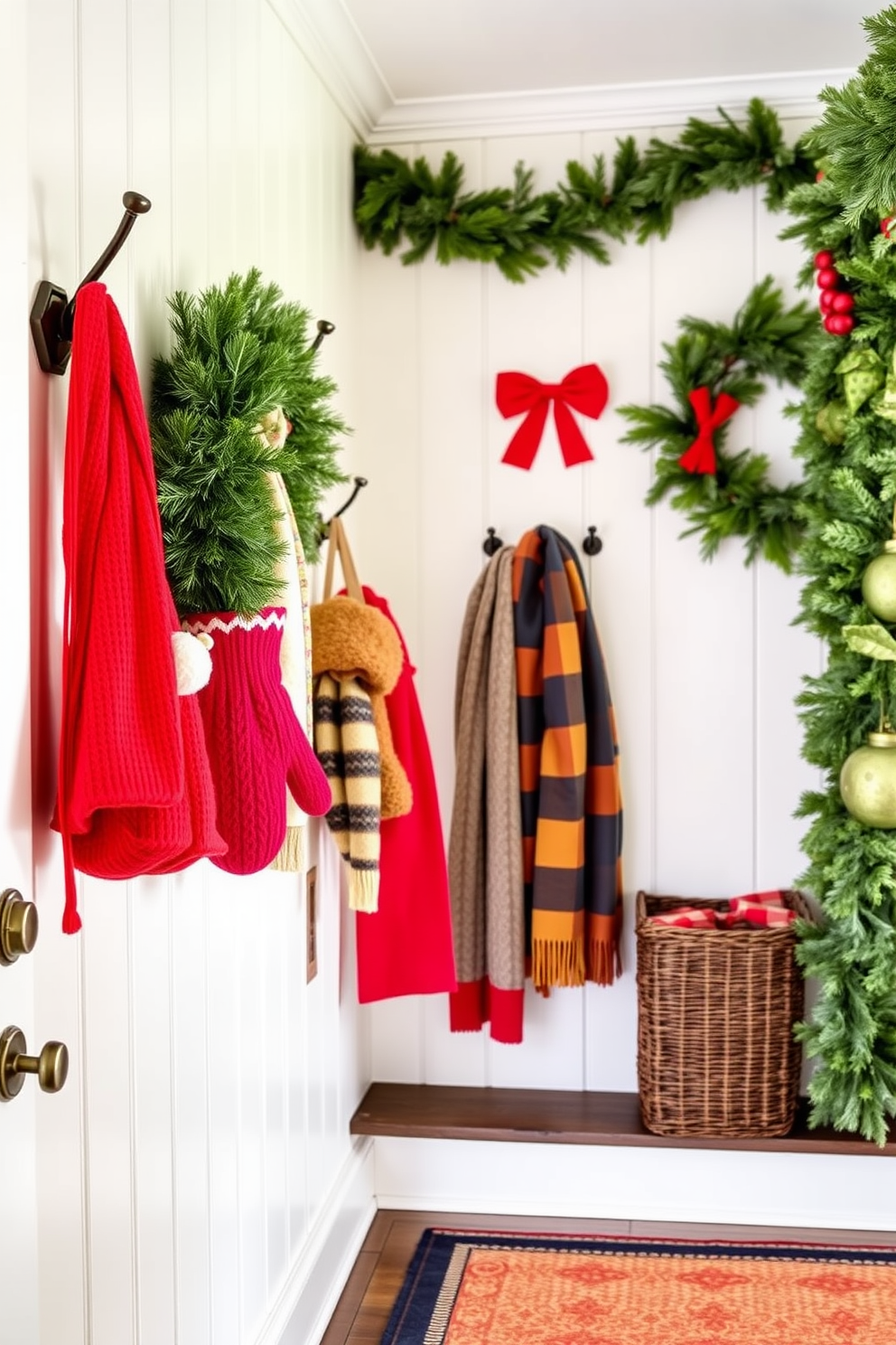 A cozy mudroom decorated for Christmas features a rich green accent wall adorned with festive red and white stockings hung from a rustic wooden shelf. A large, inviting bench with red and white plaid cushions sits below a window, surrounded by potted evergreen plants and twinkling fairy lights. The floor is covered in a warm, textured rug that complements the holiday theme, while a beautiful wreath with red berries hangs on the door. Decorative elements like a vintage sled and a basket filled with pinecones add charm and seasonal spirit to the space.