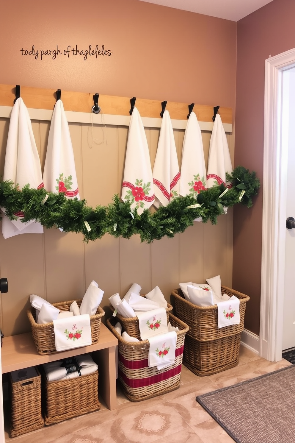 A cozy mudroom adorned with festive Christmas decorations. The space features a rustic wooden bench with plush cushions, surrounded by garlands of pine and twinkling fairy lights. On the shelves, an array of scented candles in seasonal fragrances create a warm and inviting atmosphere. The walls are adorned with holiday-themed artwork, and a woven basket holds cozy blankets for chilly winter days.