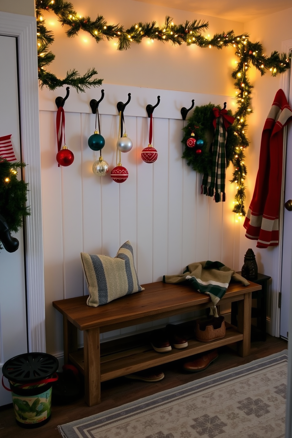 A cozy mudroom adorned with snowflake decals on the windows creates a festive atmosphere. The space features a rustic bench with storage underneath, surrounded by woven baskets filled with winter accessories. For Christmas decorating ideas, the mudroom is embellished with garlands draped along the walls. A cheerful wreath hangs on the door, and twinkling fairy lights add a warm glow to the room.