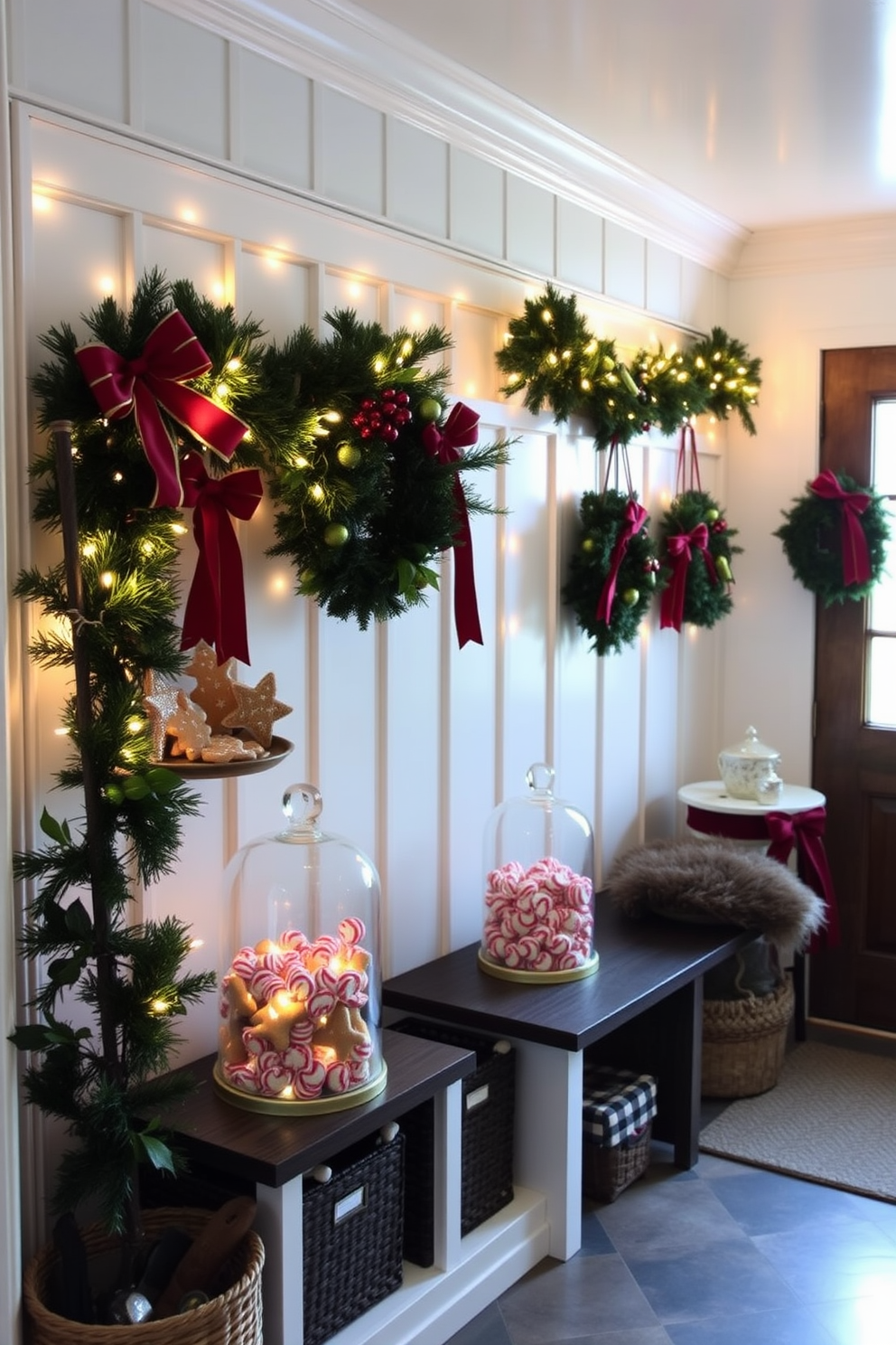 A cozy mudroom decorated for Christmas features glass cloches filled with an assortment of holiday treats like gingerbread cookies and peppermint candies. The space is adorned with festive garlands and twinkling fairy lights, creating a warm and inviting atmosphere.