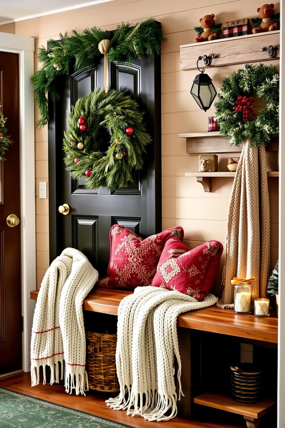 Create a cozy mudroom adorned with layered textures that include knitted throws draped over a rustic bench. The space features a warm color palette with festive Christmas decorations, including a wreath on the door and holiday-themed accents throughout.