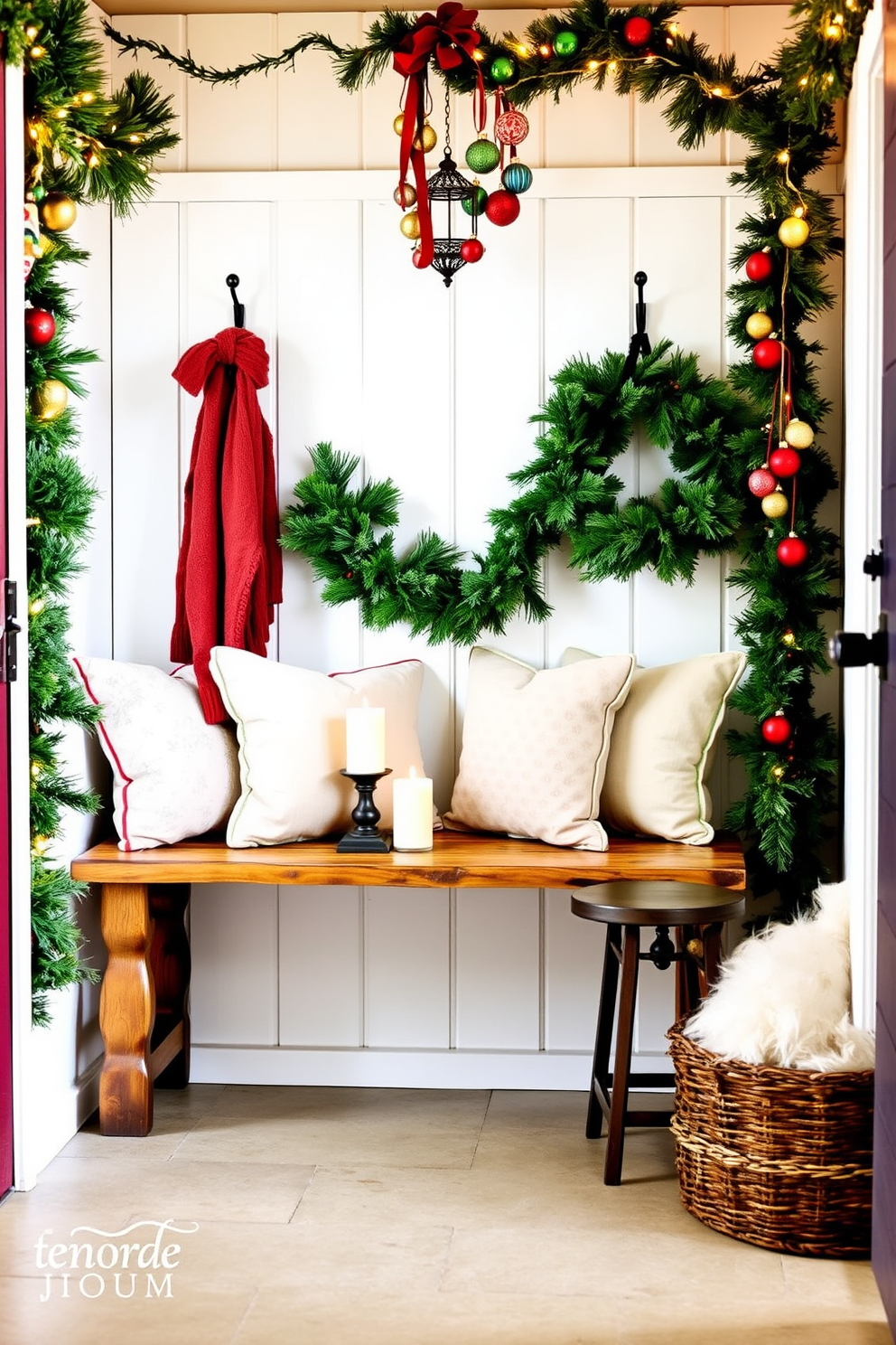 A cozy mudroom adorned for Christmas features a rustic wooden bench with plush cushions. Pine-scented candles are placed on a small side table, creating a warm and inviting atmosphere. The walls are decorated with festive garlands and twinkling string lights. A collection of colorful ornaments hangs from hooks, adding a cheerful touch to the space.