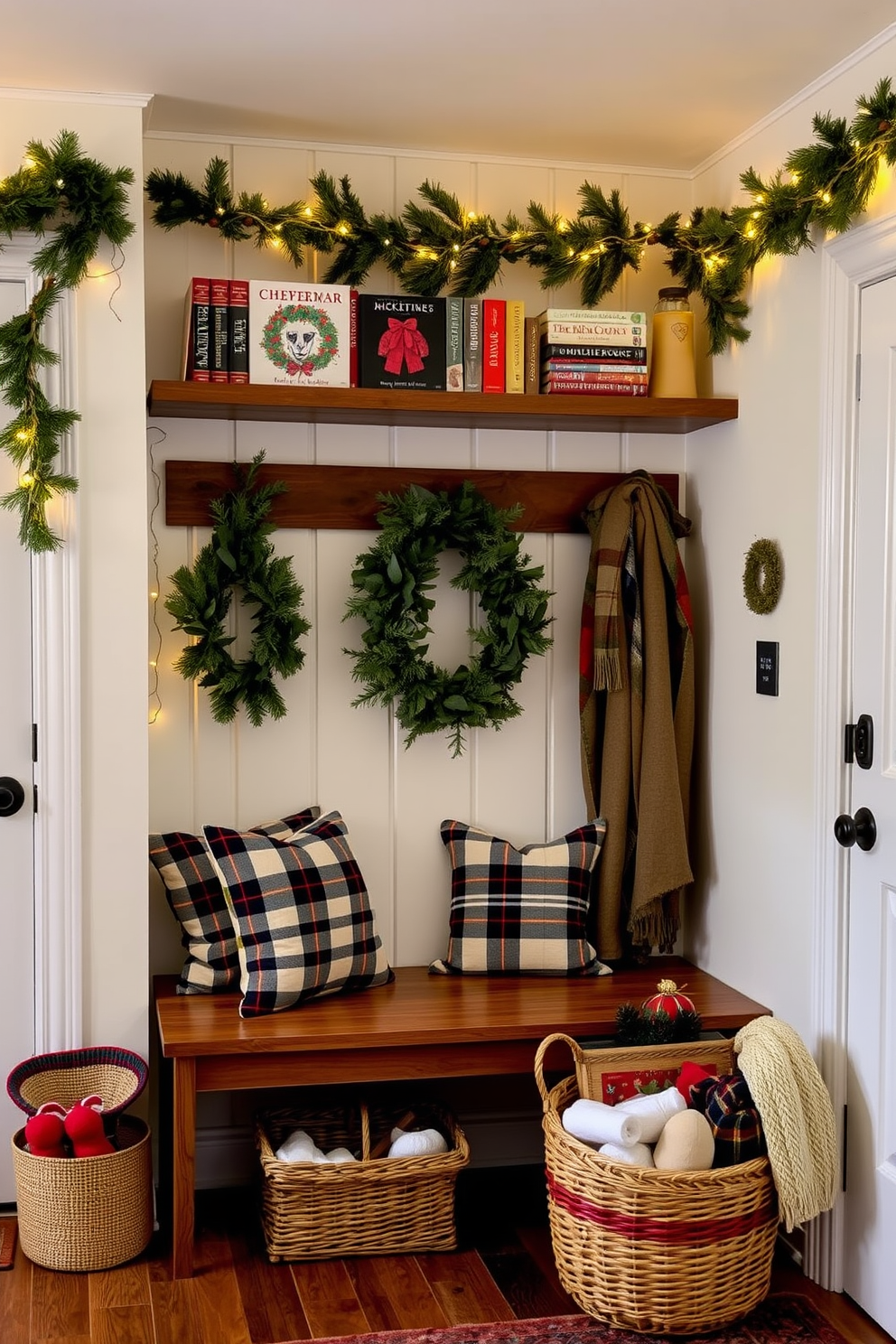 A cozy mudroom adorned for the holidays features a wooden bench with soft plaid cushions. Above the bench, shelves are lined with Christmas-themed books, showcasing festive covers and colors. The walls are decorated with garlands of pine and twinkling fairy lights, creating a warm and inviting atmosphere. A woven basket filled with winter accessories sits beside the bench, adding a touch of practicality to the festive decor.