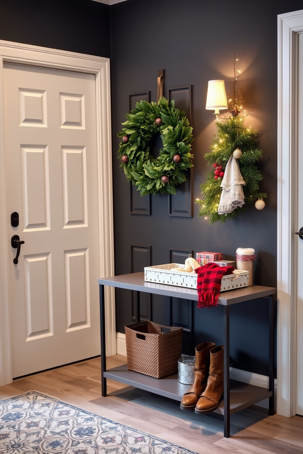 A stylish mudroom featuring a functional design. There are decorative trays for keys and gloves placed on a sleek console table, adding both organization and charm. The space is adorned with festive Christmas decorations. A beautiful wreath hangs on the door, while twinkling lights and holiday-themed accents create a warm and inviting atmosphere.