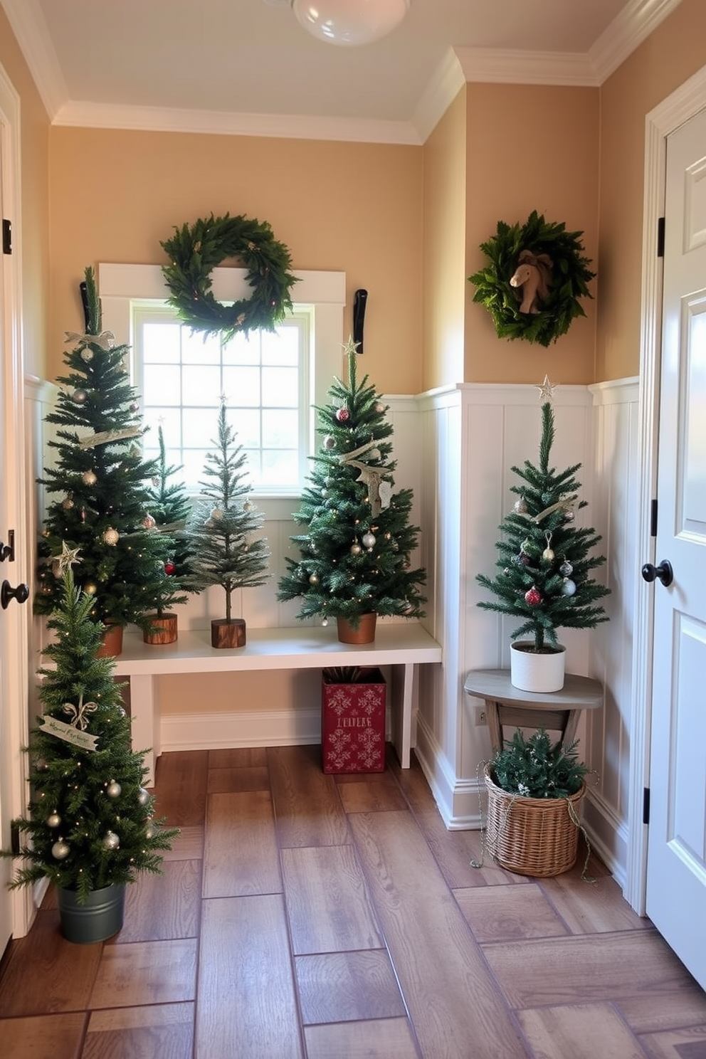 A cozy mudroom adorned with hanging wreaths on rustic wooden hooks. The space features a warm color palette with a bench for seating and festive decorations that evoke the spirit of Christmas.